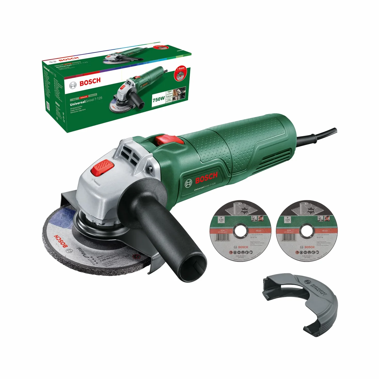 Bosch amoladora pequeña UniversalGrind 7-125 (750 W; con 2 discos de corte recto y 1 disco de amolado; para amolar, cortar, cepillar y lijar; en embalaje de cartón) – Edición para Amazon