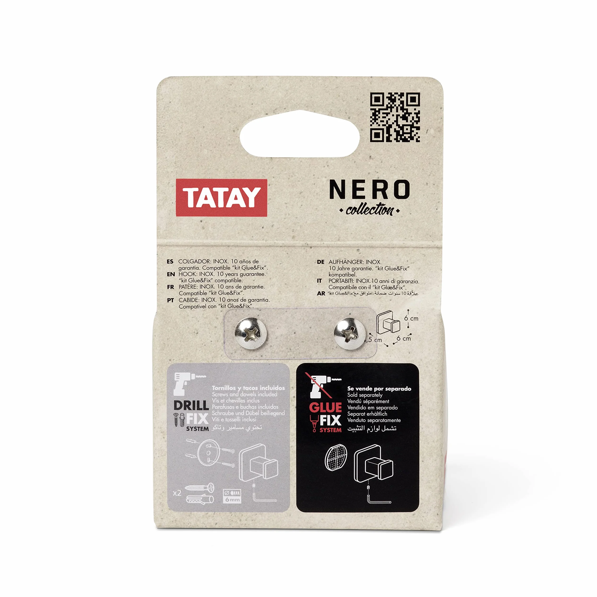 TATAY Colgador negro Acero Inoxidable Zamak 10Kg 6x4,6x6 cm Doble Sistema fijación Tornillos Glu Fix