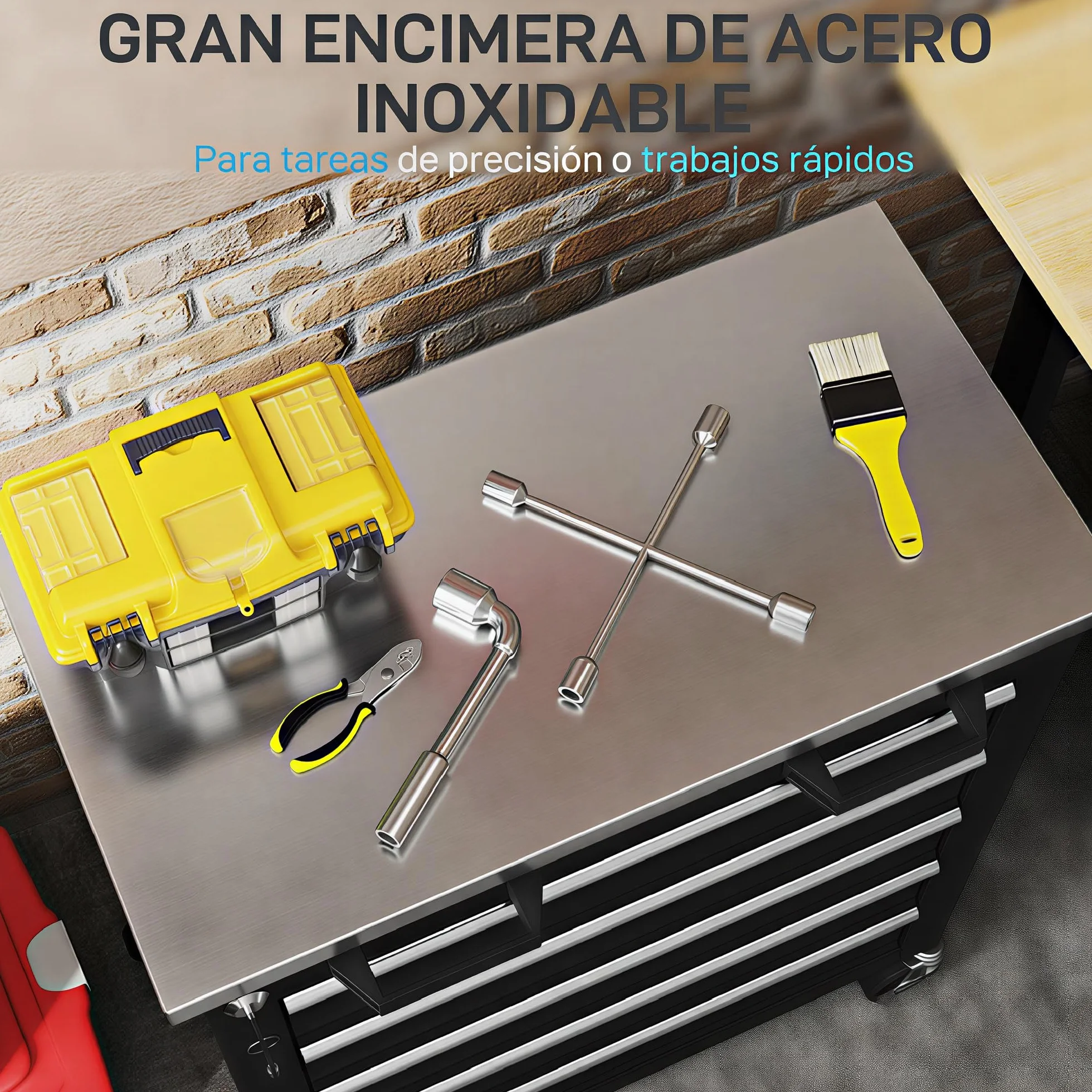 HOMCOM Carro de Herramientas 5 Cajones con Cerradura, Taller con Ruedas, Encimera Acero Inoxidable, Negro Plata