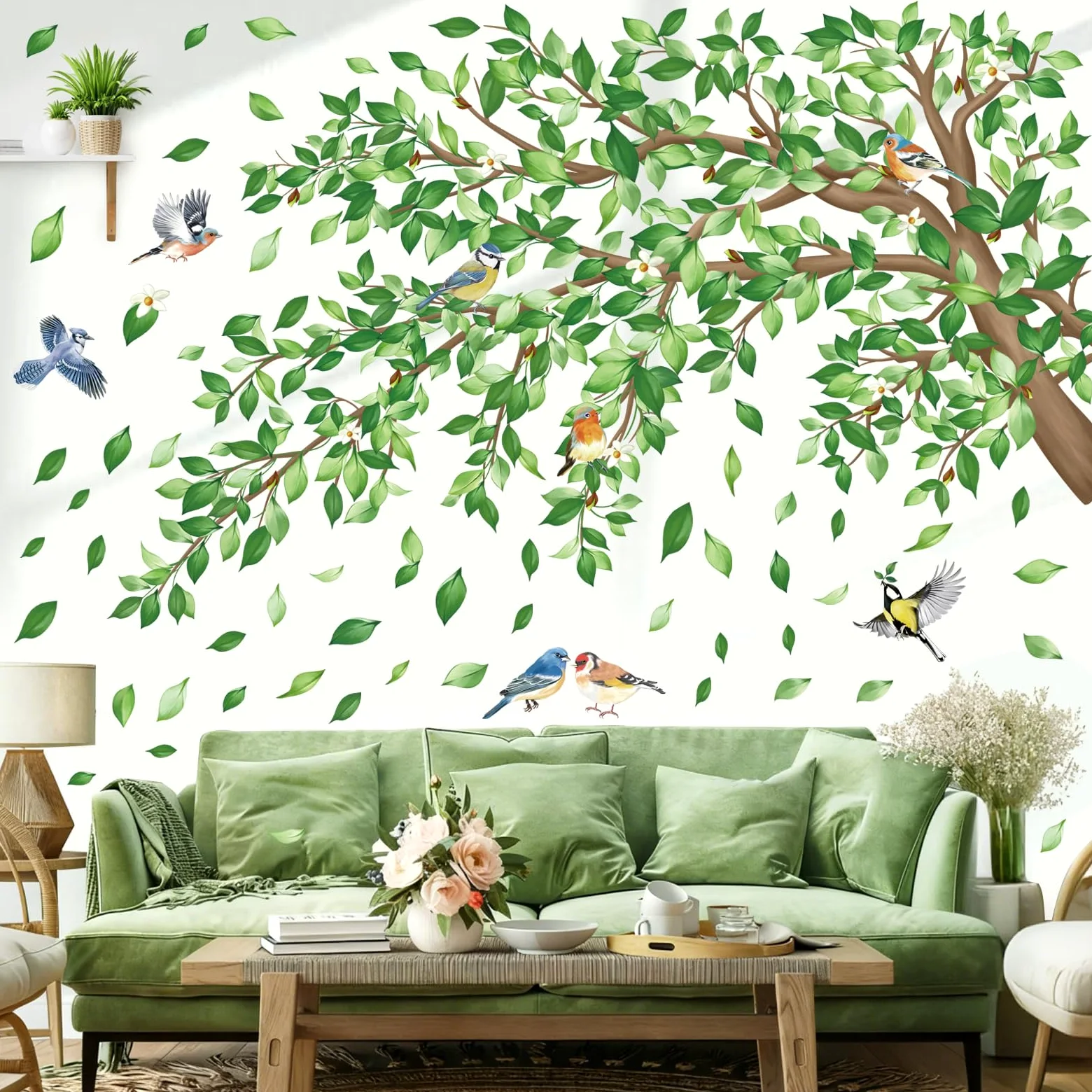 decalmile Pegatinas de Pared Rama de Árbol Grande Hojas Verde Vinilos Decorativos Colgantes Hojas Planta Pájaros en Rama Adhesivos Pared Habitación Niña Dormitorio Salón