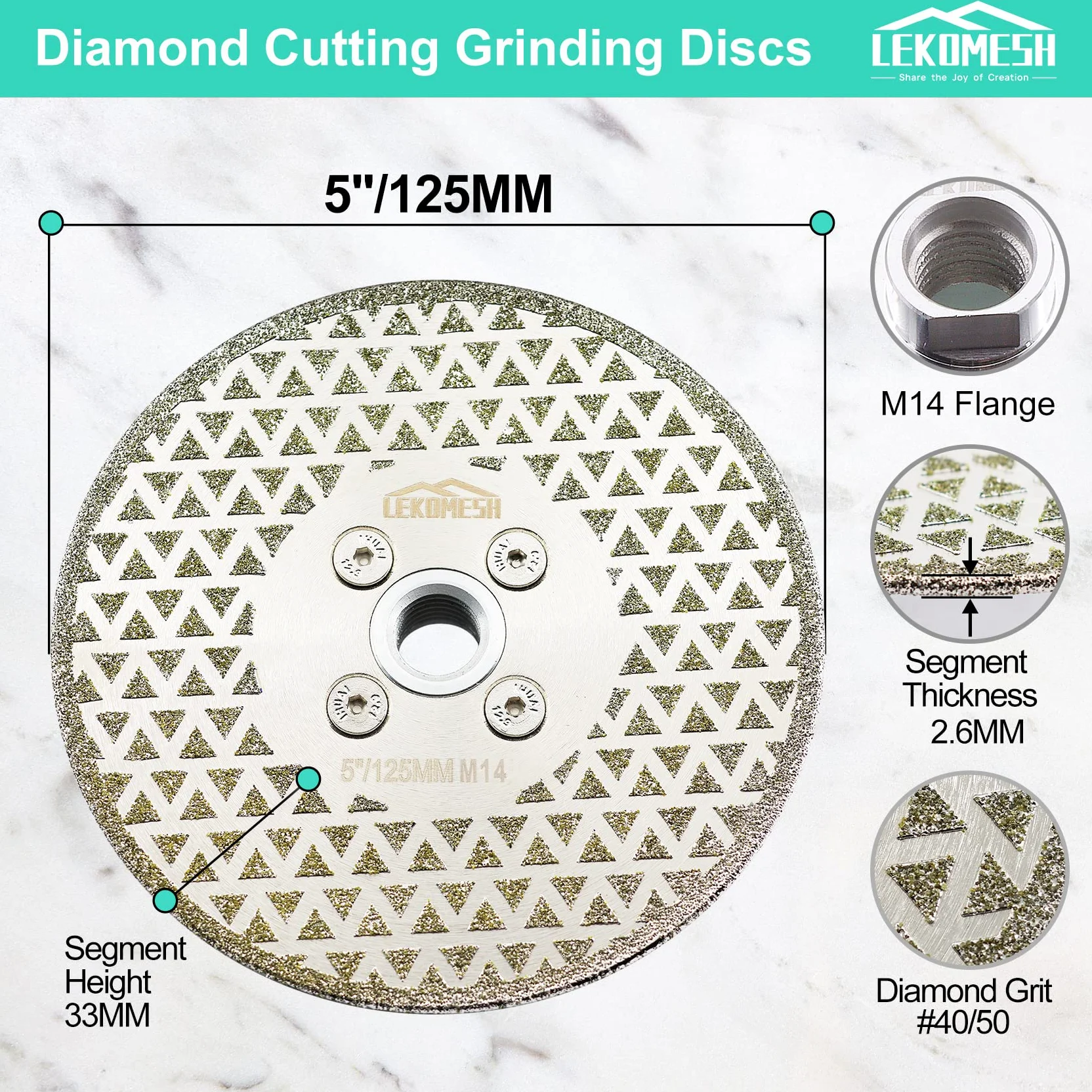 Discos de Diamante 125MM x M14 LEKOMESH - Doble Cara Disco de Corte y Rectificado Diamante para Granito Mármol Porcelana Cerámica Azulejos Piedra Artificial,Amoladora Angular
