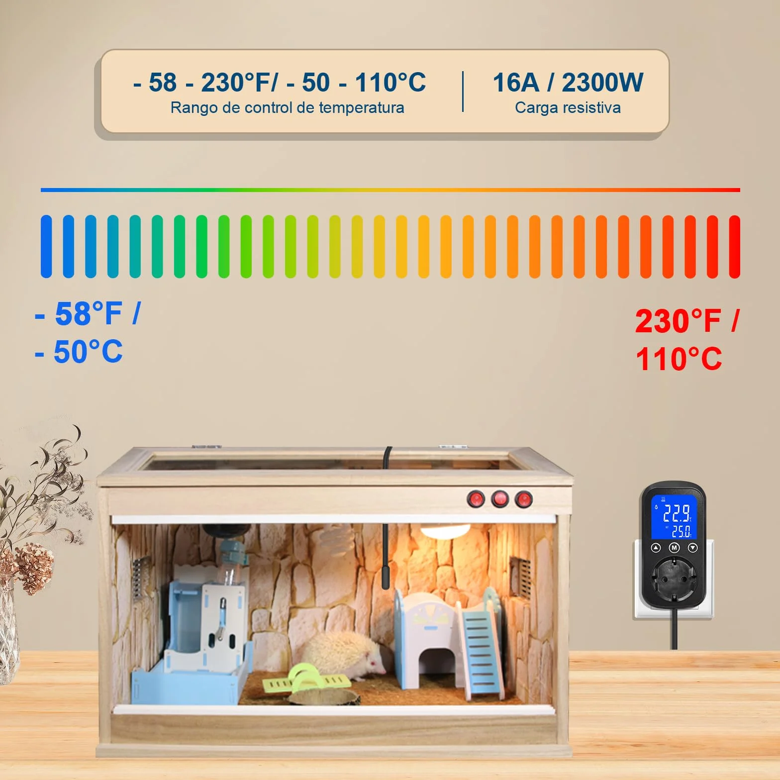 KETOTEK KT2000 Controlador de Temperatura Digital con Sonda Impermeable – Termostato de Enchufe para Calefacción y Refrigeración – para Reptiles, Acuario, Terrario, Invernadero