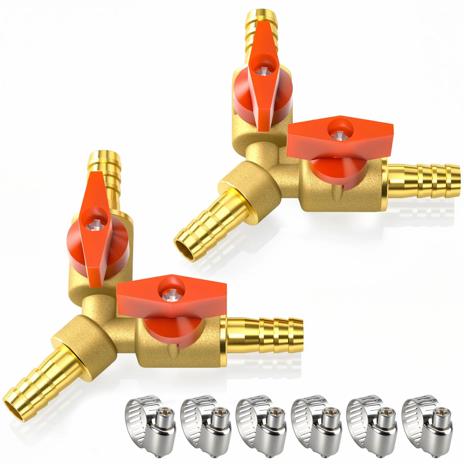 Bwintech 2 válvulas de bola de latón de 3 vías de 8 mm, forma de Y, 2 interruptores de válvula de cierre con 6 abrazaderas de manguera