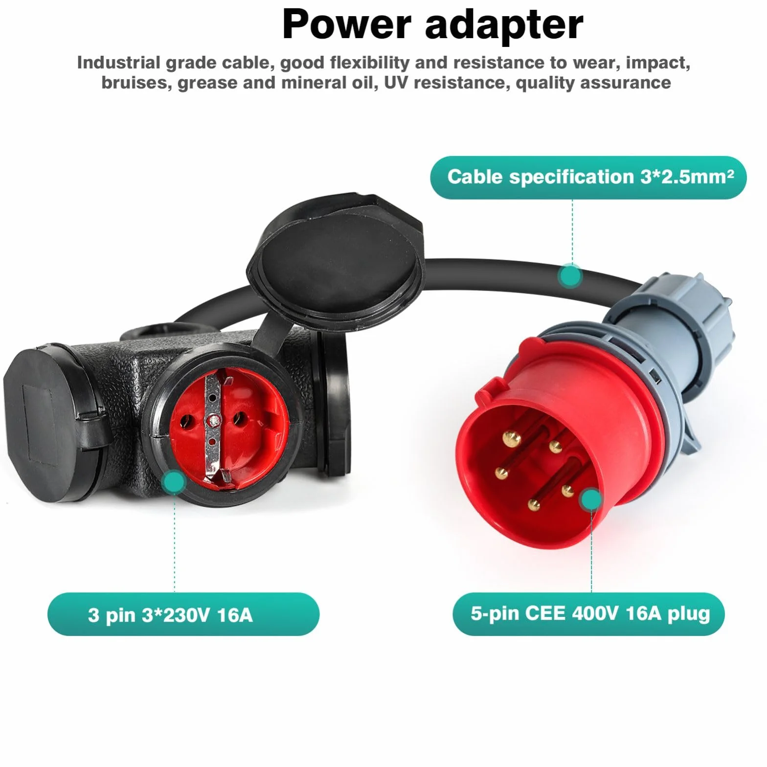 Jadeshay Enchufe Camping 16A 400V Adaptador Industrial con Toma Schuko y Enchufe CEE 5 Pines Cable Adaptador IP44 Impermeable Adaptador Industrial para Exterior Obra de Construcción Caravana Barco