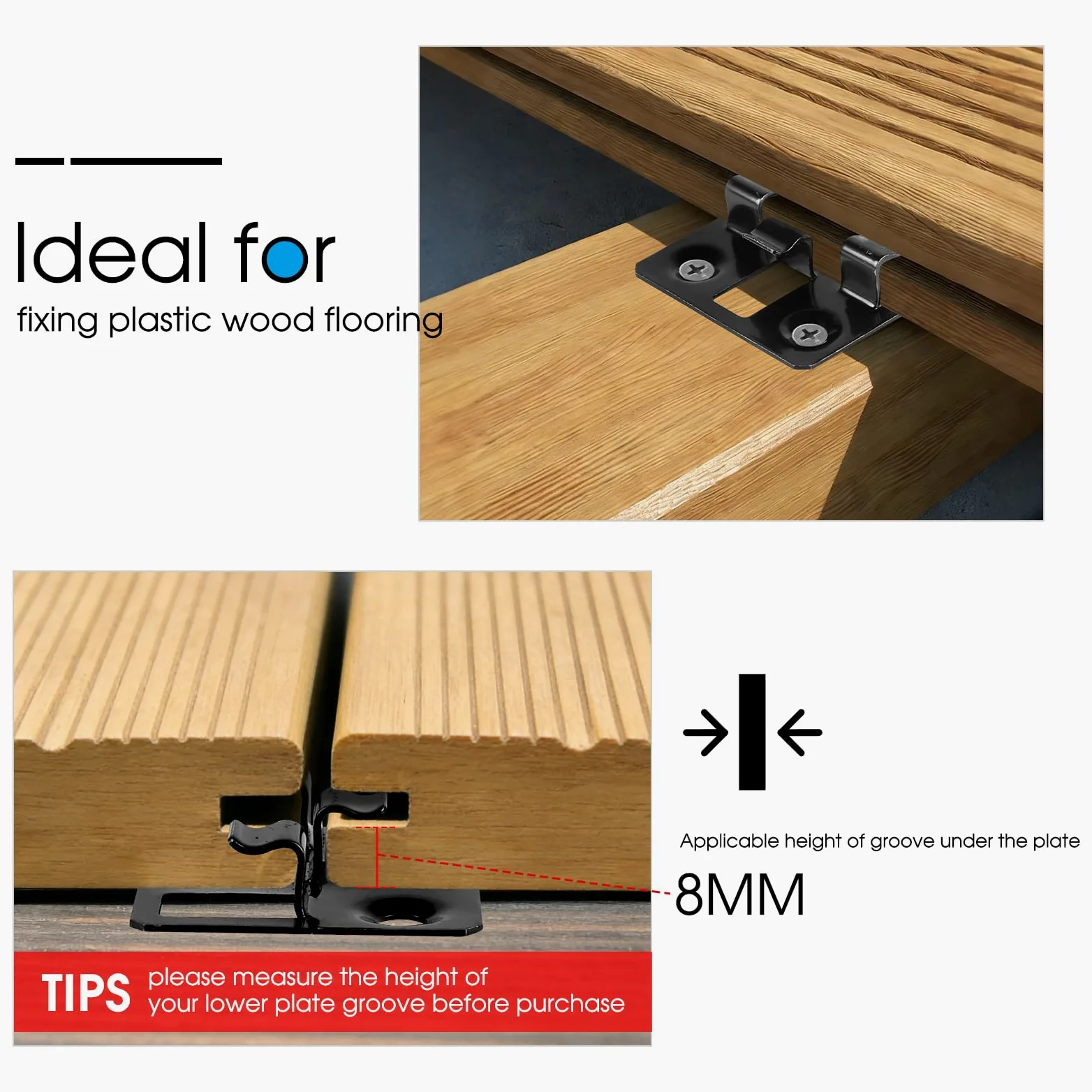 100 unidades Clips para tarimas WPC en acero inoxidable, Clips ocultos, Separadores para fijación de tarimas (Negro, Espacio 5mm, Altura 8mm)