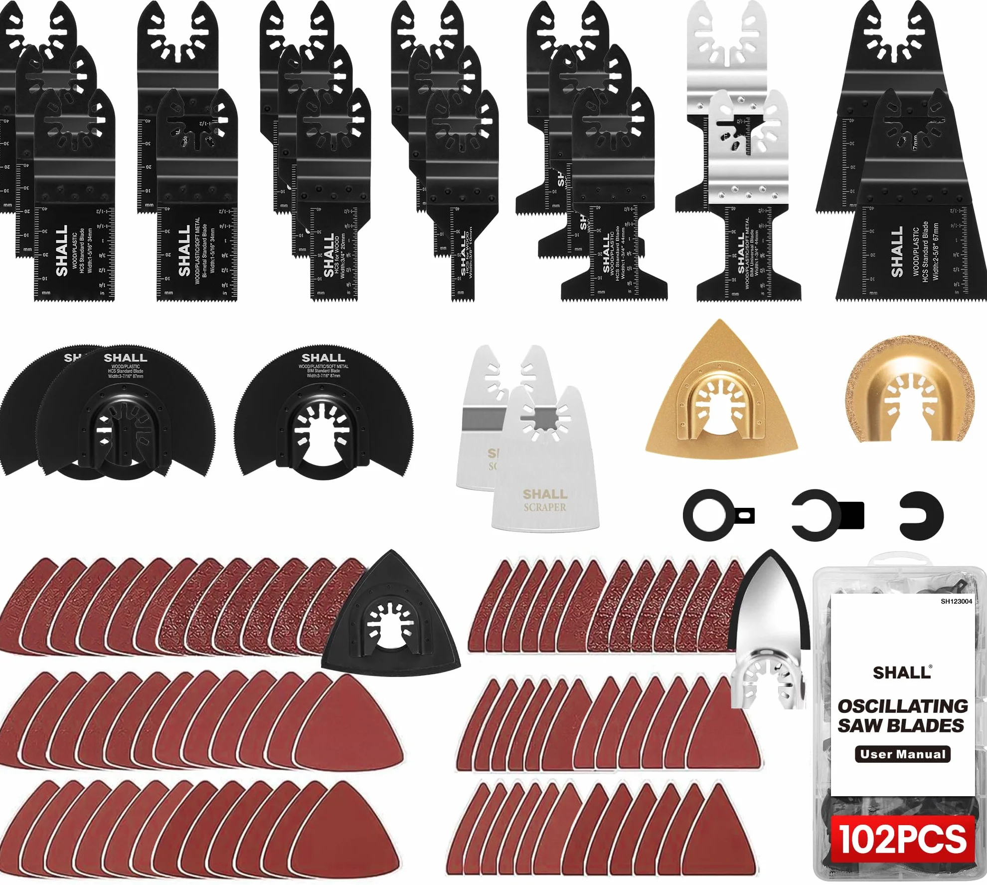 SHALL 102 cuchillas multiherramienta, kits de accesorios oscilantes para múltiples herramientas, cuchillas HCS y bimetálicas, almohadilla de lijado, raspador, estuche de almacenamiento incluido