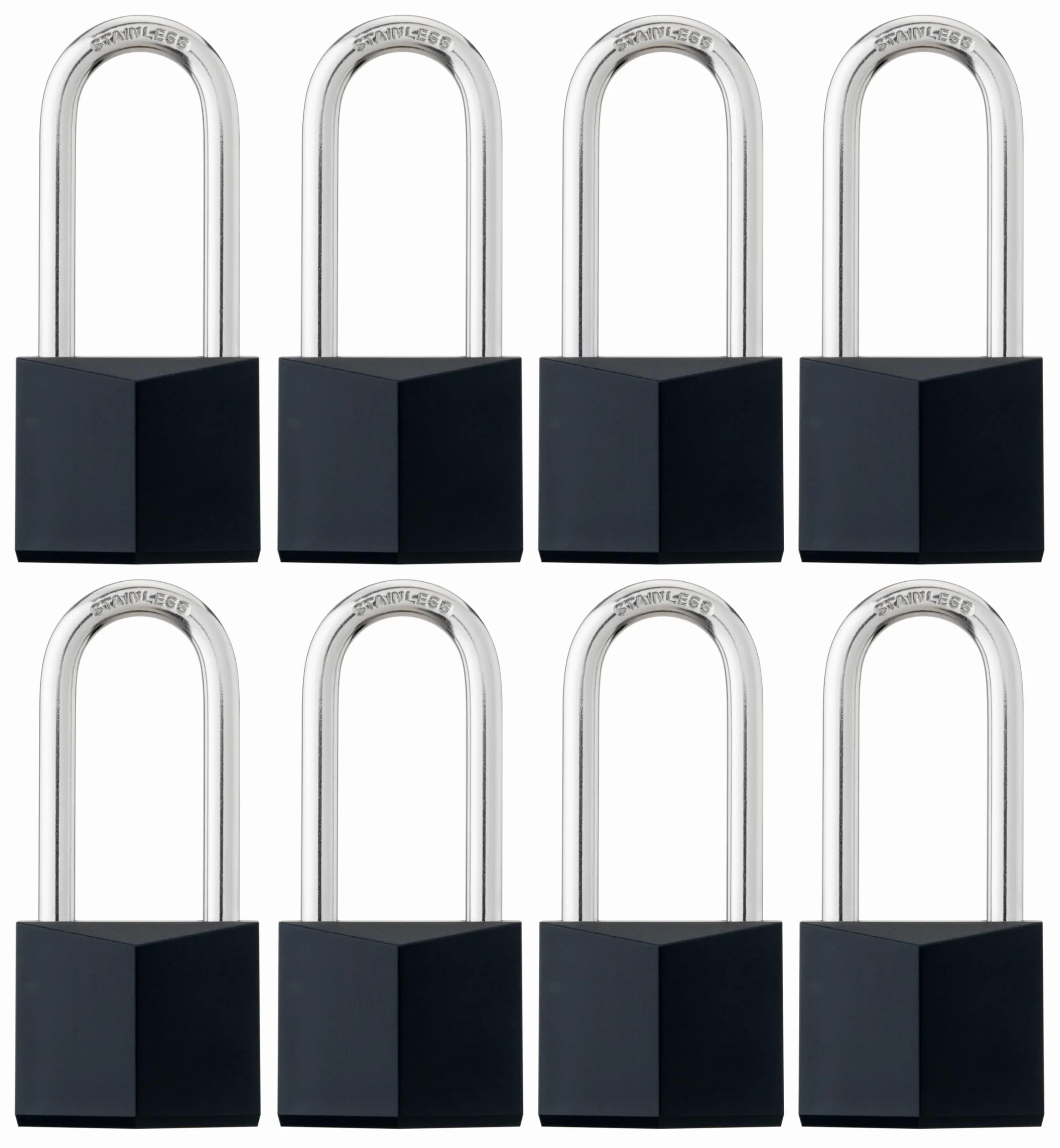 Paquete de 8 candados con llave igual, candado con llave de latón cubierto negro con grillete largo de acero inoxidable, cuerpo de cerradura de 1-9/16 pulgadas, cerraduras inoxidables para