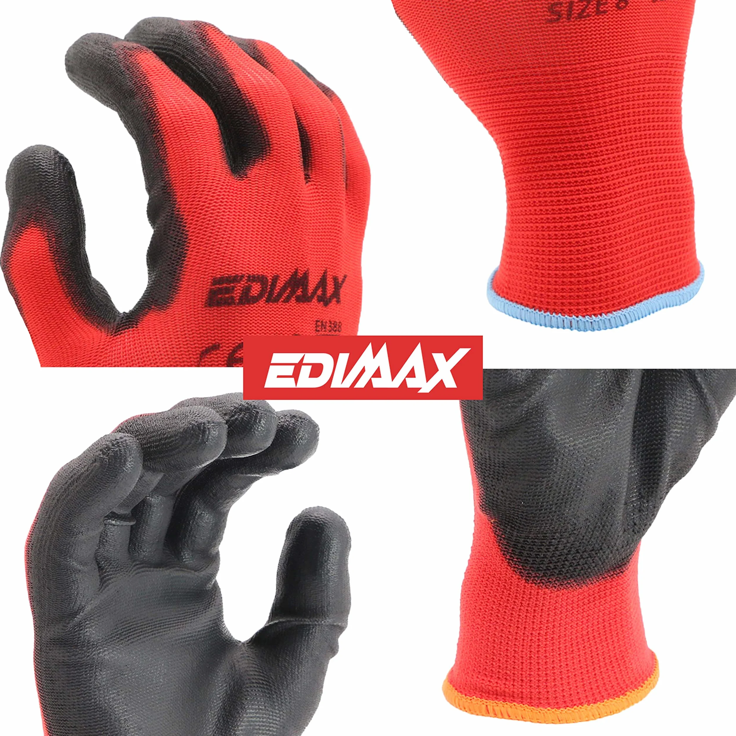Guantes Trabajo EDIMAX Alta Resistencia Abrasión Desgarro Nivel 3 Recubrimiento Naylon PU Protección Mecánica Industrial 12 Pares