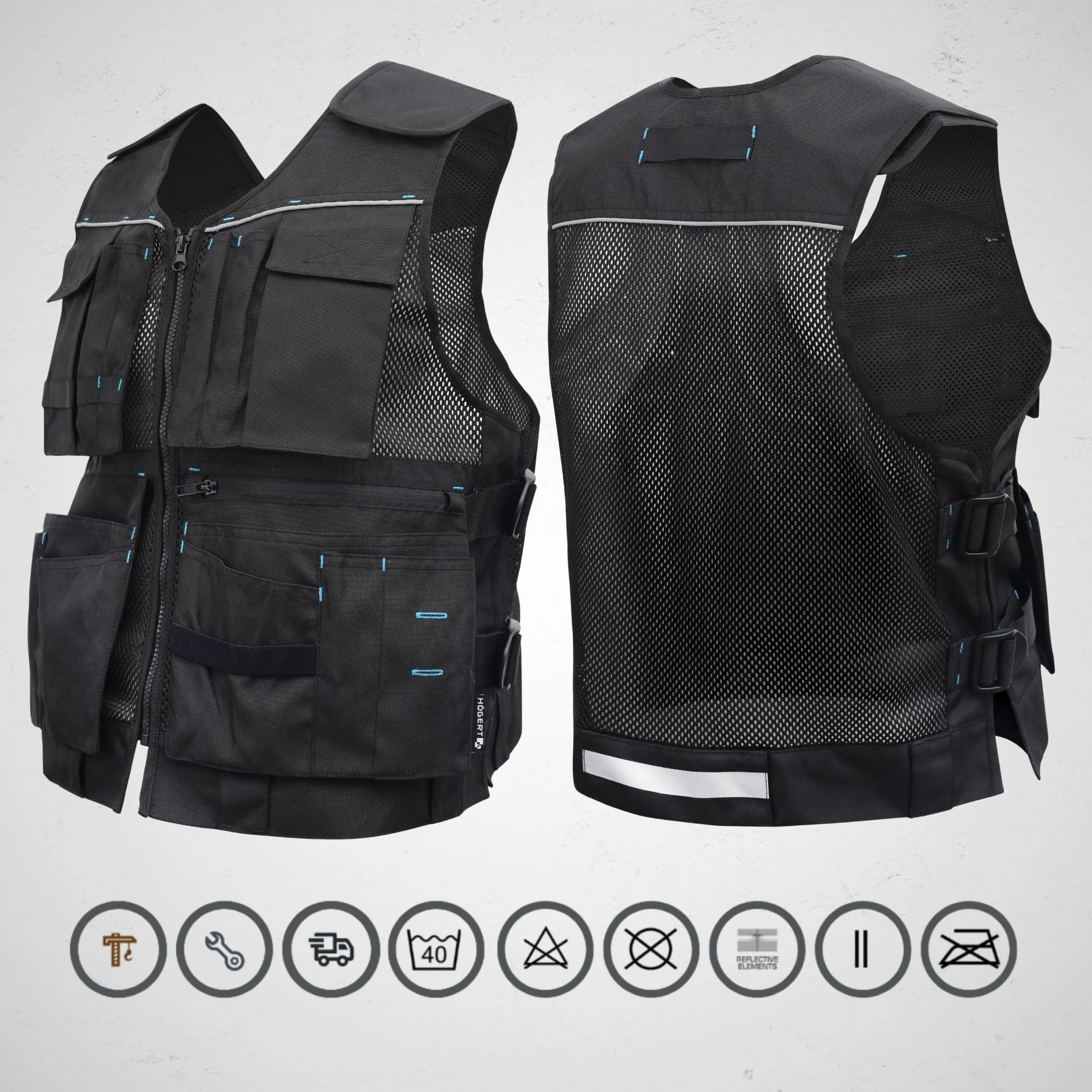 Högert Technik - Helwig - Chaleco de trabajo para hombre, color negro liso, tejido 100% poliéster Oxford 600D, chaleco de trabajo, chaleco de trabajo para hombre con muchos bolsillos, chaleco de