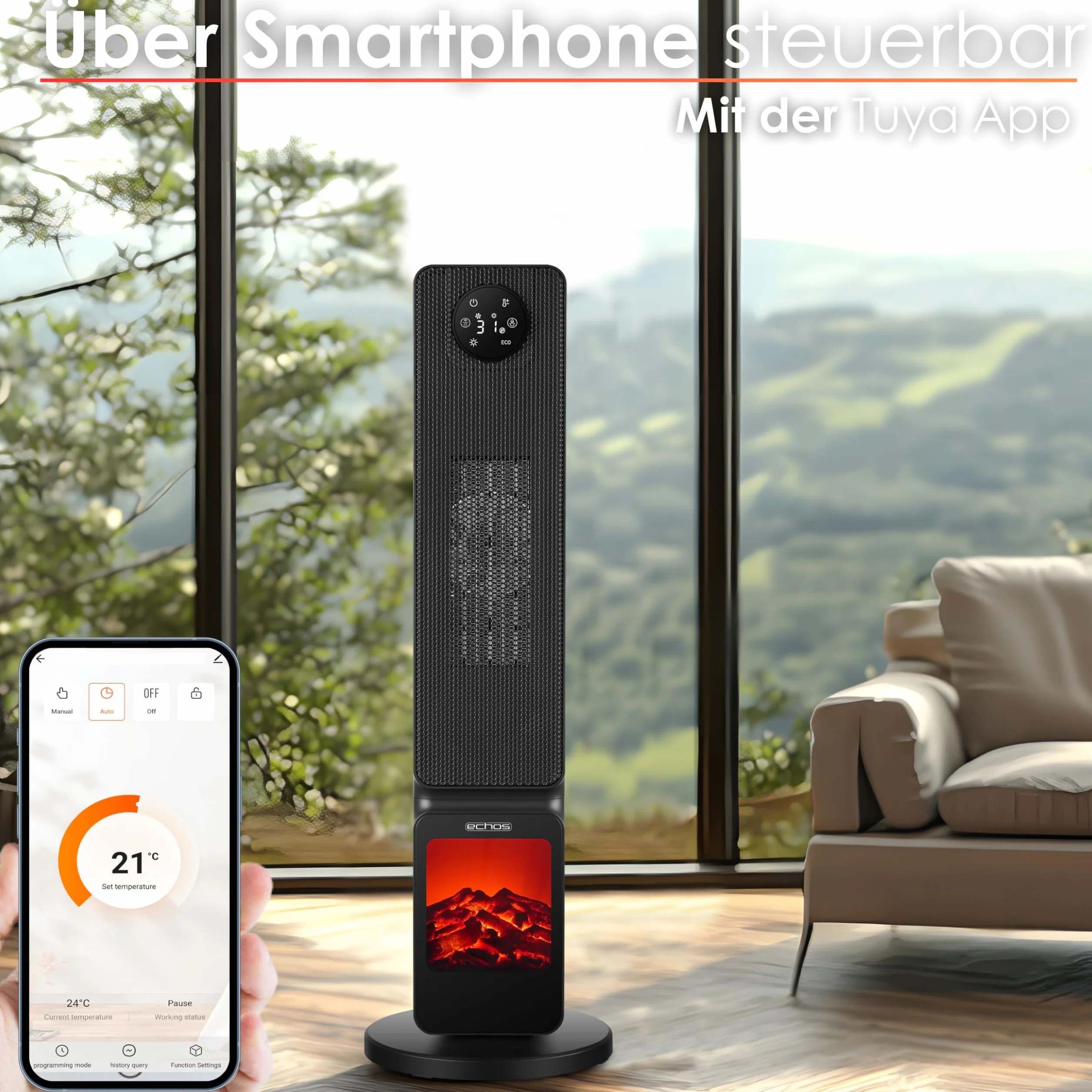 Calefactor con ilusión de chimenea 2000 W, 2 niveles, oscilante, controlable mediante smartphone Tuya, silencioso