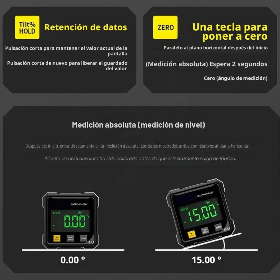 Buscador de ángulos digital con indicador electrónico de ángulo magnético fuerte de 4 lados, inclinómetro con retroiluminación, transportador de inglete de sierra de mesa, buscador de ángulos