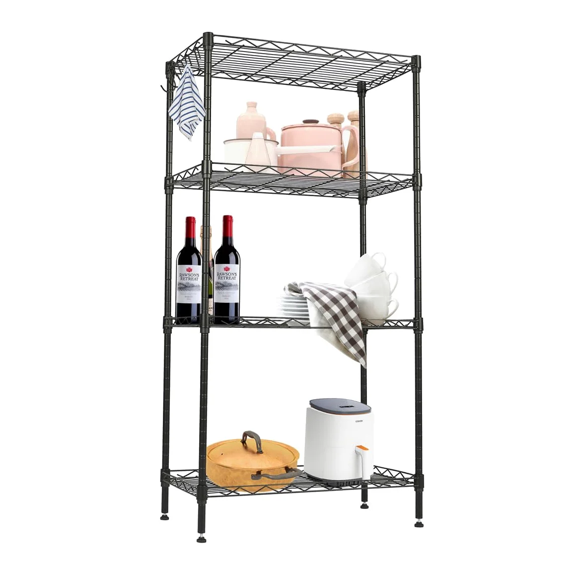 Estantería metal para baño - cocina - garaje ducha 4 Niveles o Estantes de almacenaje - Ajustables en altura 108x29x54cm Metálica Con Ganchos - Fácil montaje - Carga total 275kg - Robusta y fuerte