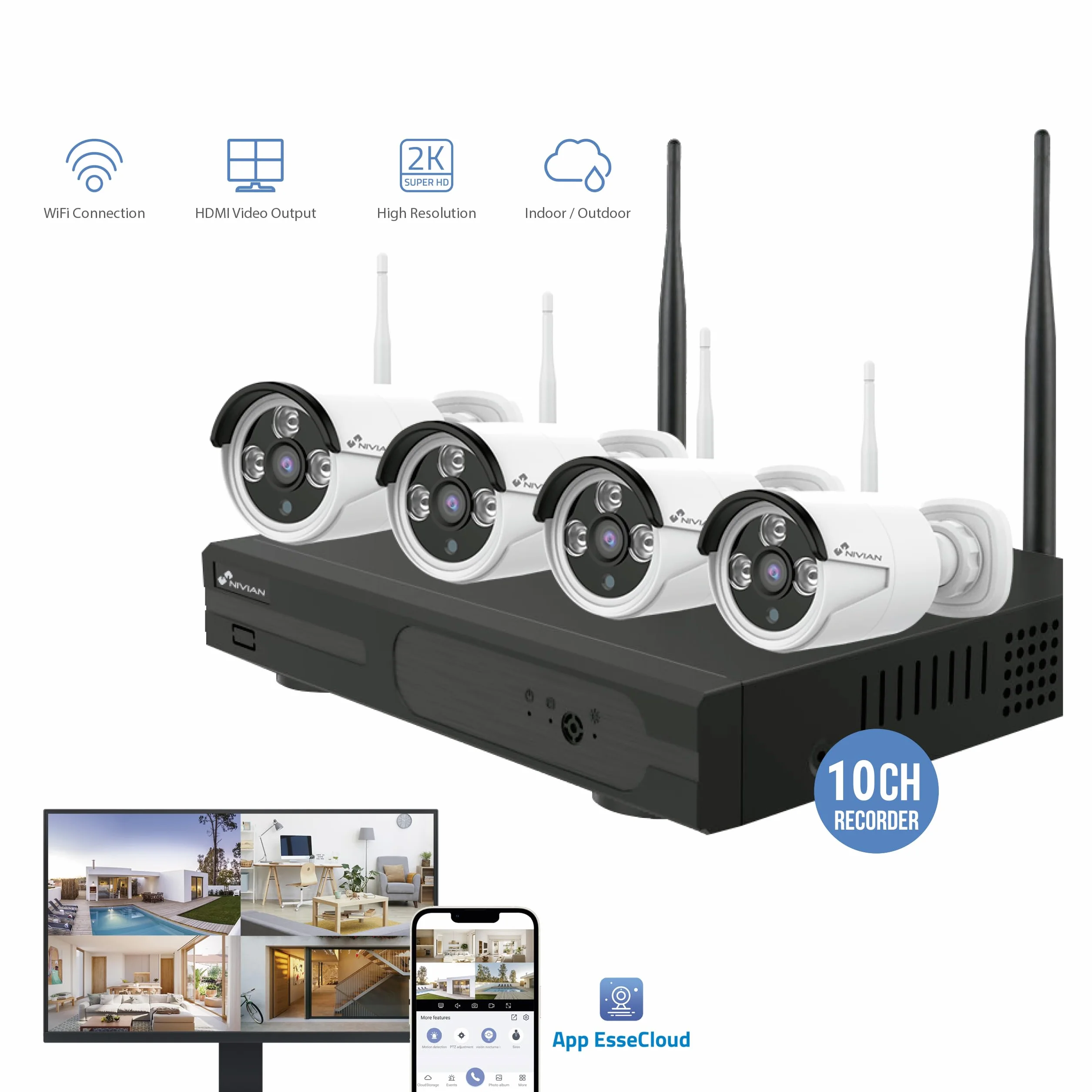 Nivian Kit de Cámaras de Vigilancia WiFi 2K con Grabador 10CH y 4 Cámaras Exterior Impermeables IP66,Visión Nocturna, Detección de Movimiento, Fácil Instalación Sin Cables, Notificaciones en App