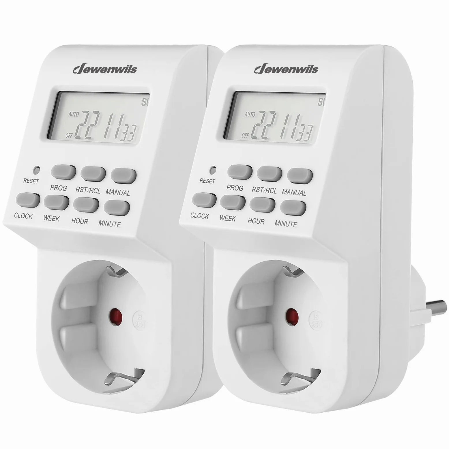 DEWENWILS Temporizador Enchufe Digital, Pack de 2, 16 A / 3680 W | con 20 Programas de Encendido Configurables, Pantalla LCD y Seguridad Infantil, Temporizador Enchufe para Interior
