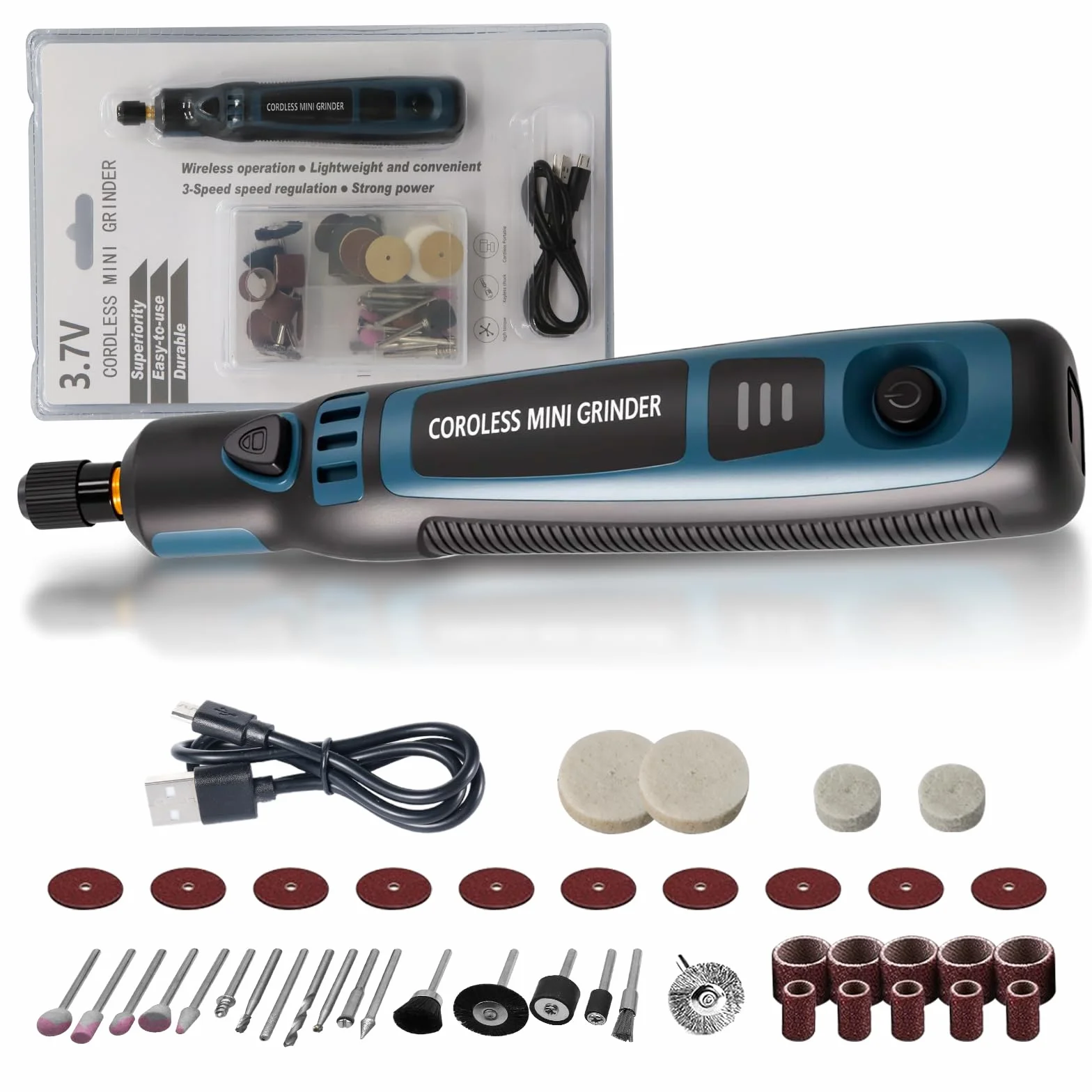 Mini Amoladora Bateria, 3.7V Herramienta Rotatoria sin Cable Con 50 Accesorios Lápiz de Grabado Eléctrico para Cortar, Esmerilar, Grabar, Perforar, de Manualidades y Creación de Bricolaje