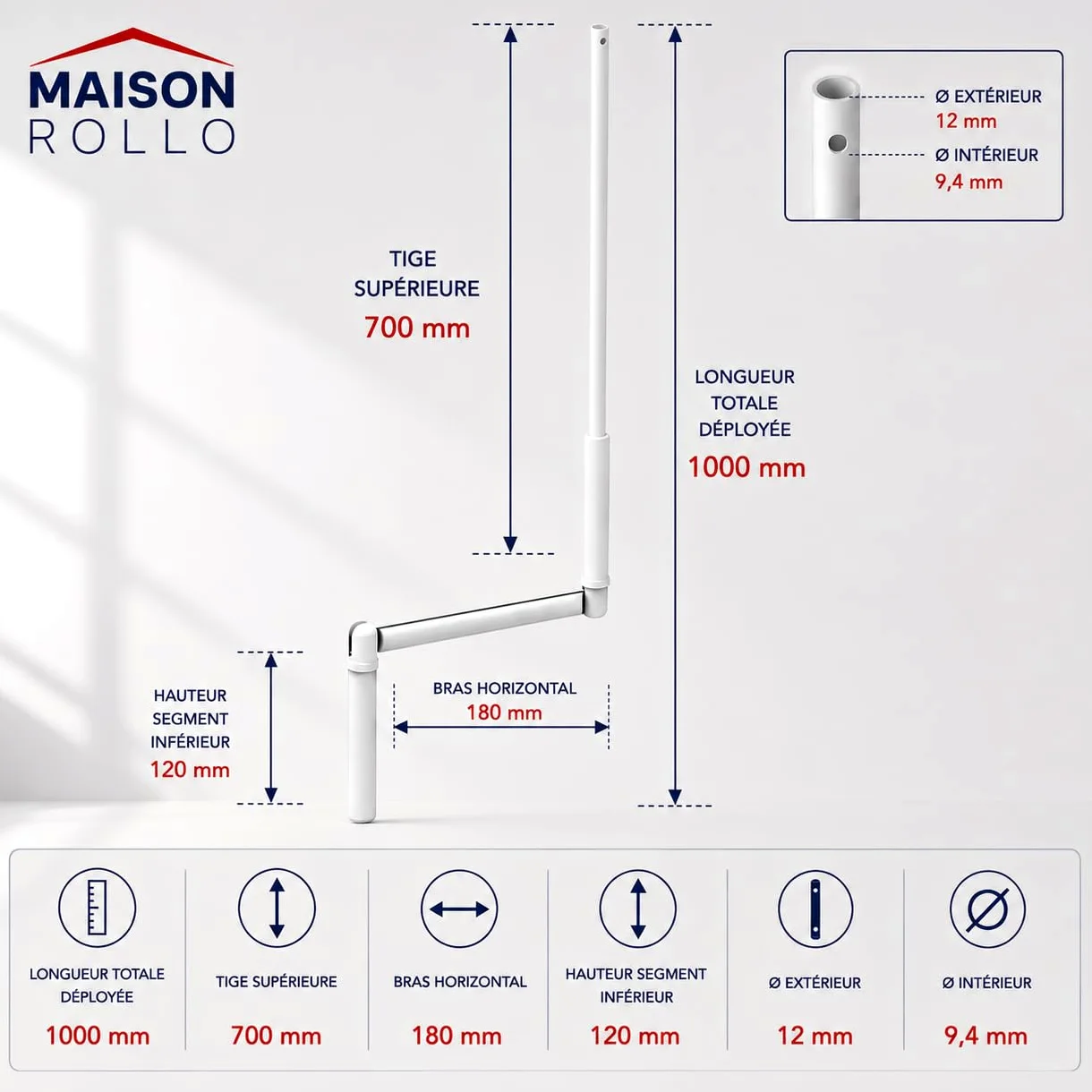 Manivela de persiana enrollable 100 cm – Manivela completa de acero lacado blanco Ø12 mm con mango ergonómico y soporte de pared – Maison Rollo