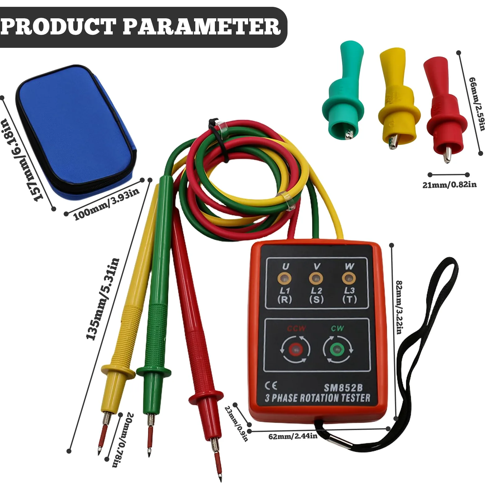 Comprobador de fase portátil de 3 fases: medidor de campo giratorio CA 60 V ~ 600 V, 3 fases de rotación probador, comprobador de voltaje con probador de zumbador y pinzas de cocodrilo adecuado