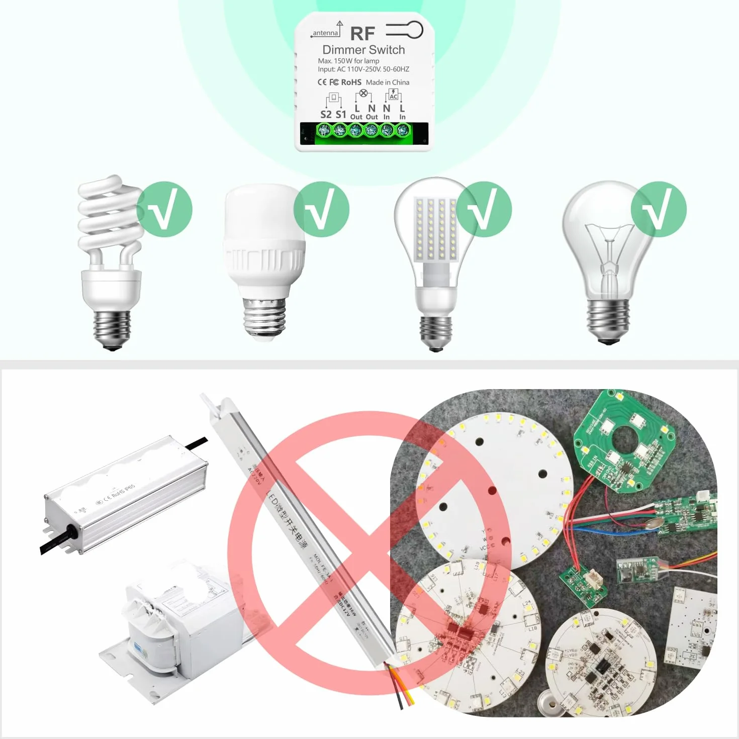 Interruptor De Luz Atenuador Inalambrico Con Controles Remotos, Tedeligo AC220V Control De Interruptor Regulable Para 10-150W LED Y Halógeno, Compatible Con Interruptores Atenuación (No necesita WIFI)