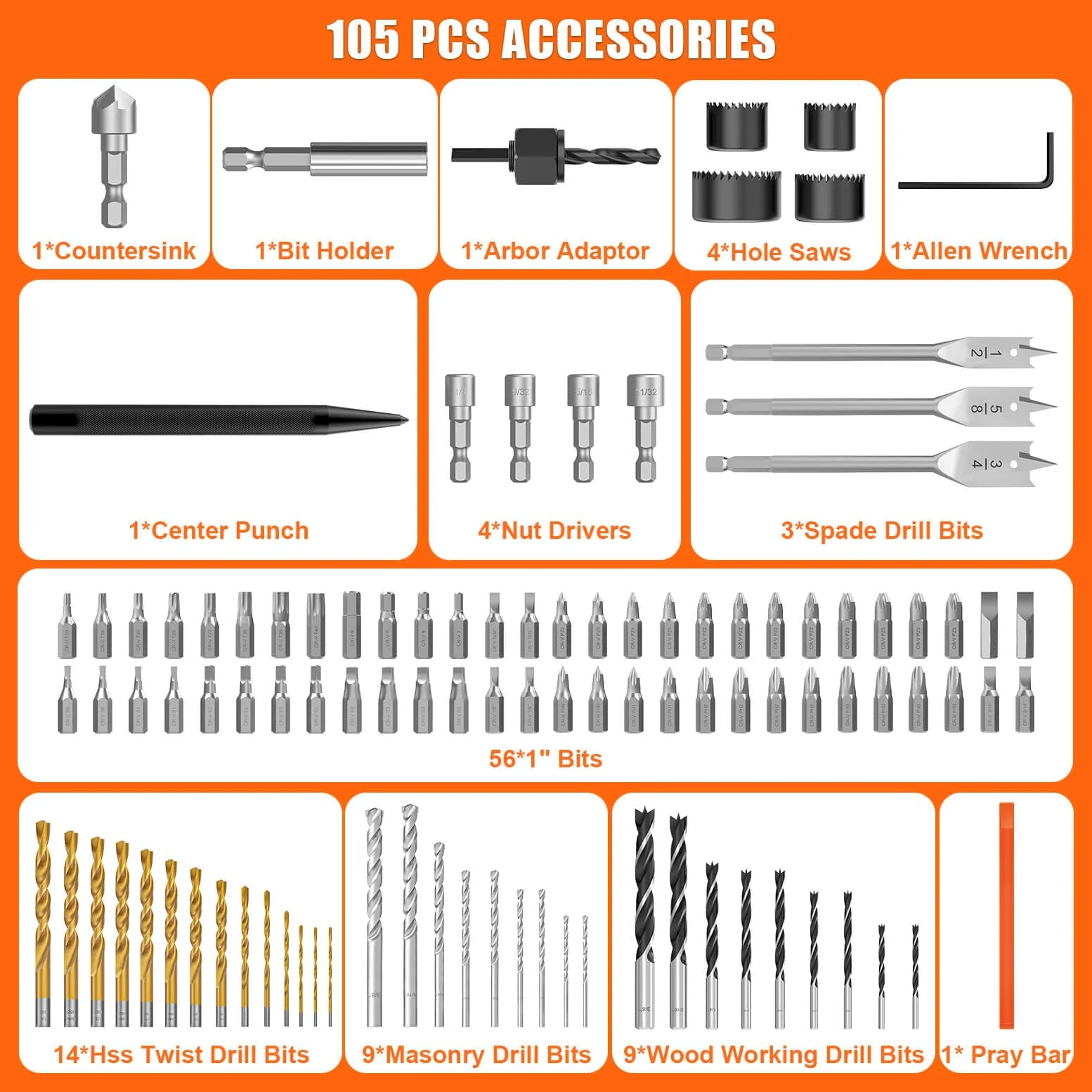 ENERTWIST Juego de 105 brocas de acero al carbono con revestimiento de titanio HSS, brocas para carpintería, sierras perforadoras y puntas de destornillador para madera, metal, cemento en estuche