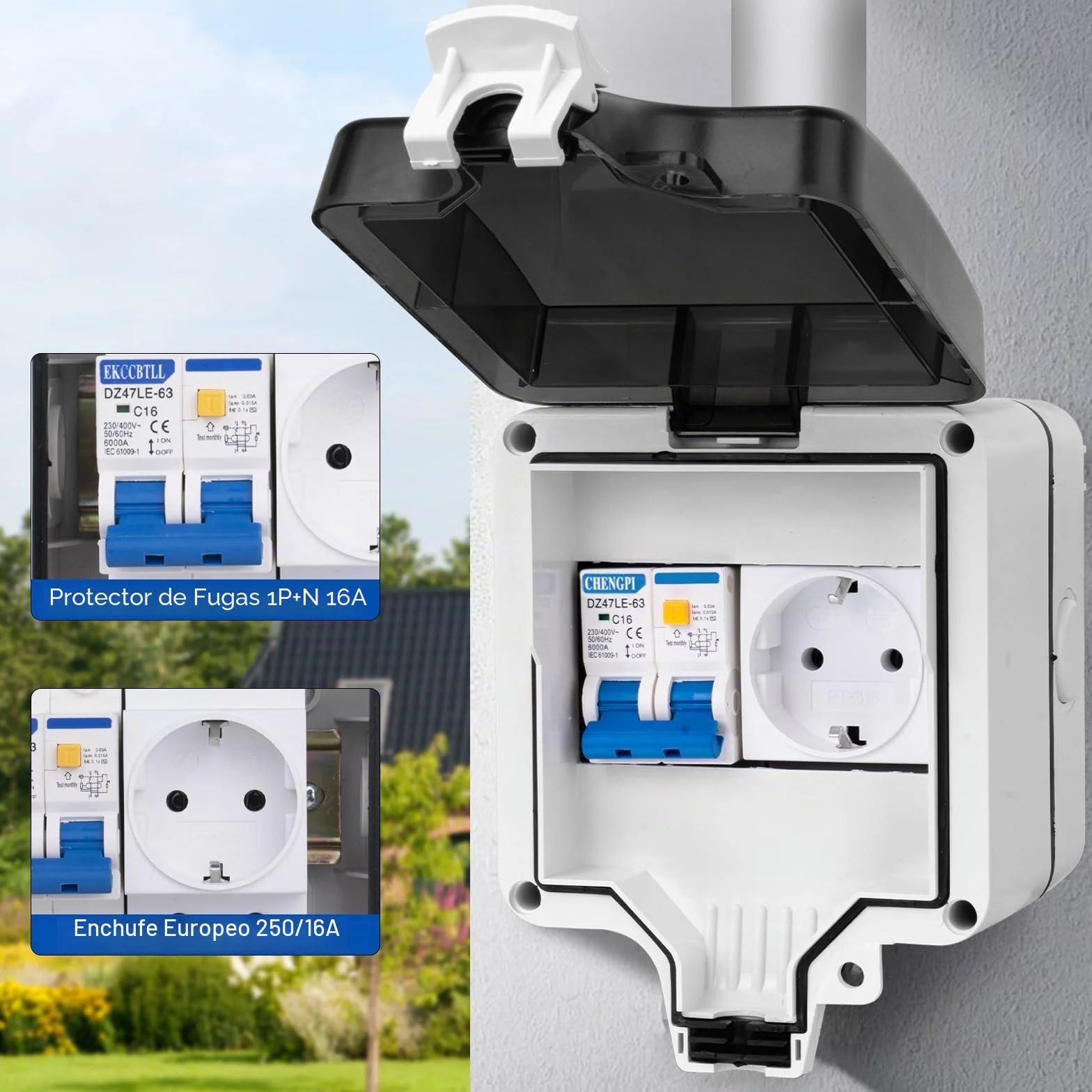 Caja Distribucion Electrica Montada En Superficie, Cuadro Electrico Premontado con Protección Contra Fugas 16A y Enchufe, Caja de Distribución Impermeable IP66|4 Módulos
