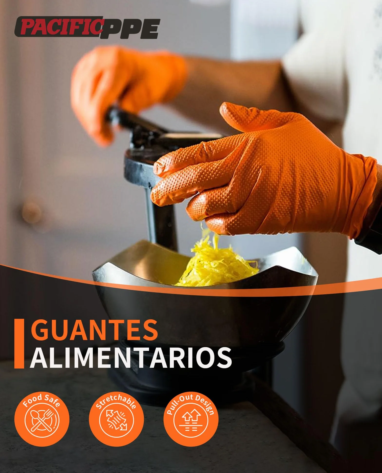 PACIFIC 8-mil Guantes Desechables de Nitrilo Naranja, Heavy-Duty, Industrial, Mecánico, Con Textura de Diamante, Sin Látex, Sin Polvo, EN 374, M/8