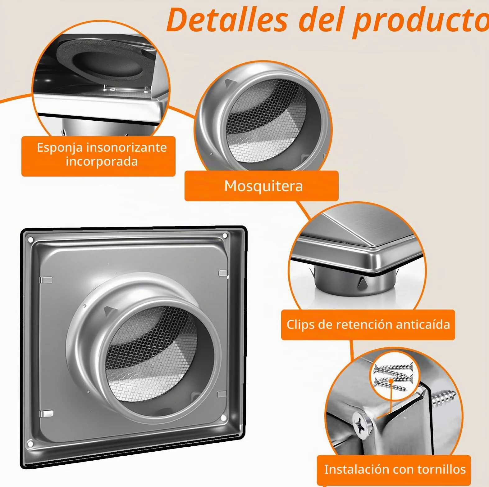 rejilla de ventilación de acero inoxidable de Φ150 mm, con red a prueba de insectos, rejilla de ventilación de conducto circular adecuada para conductos del sistema de ventilación mecánica