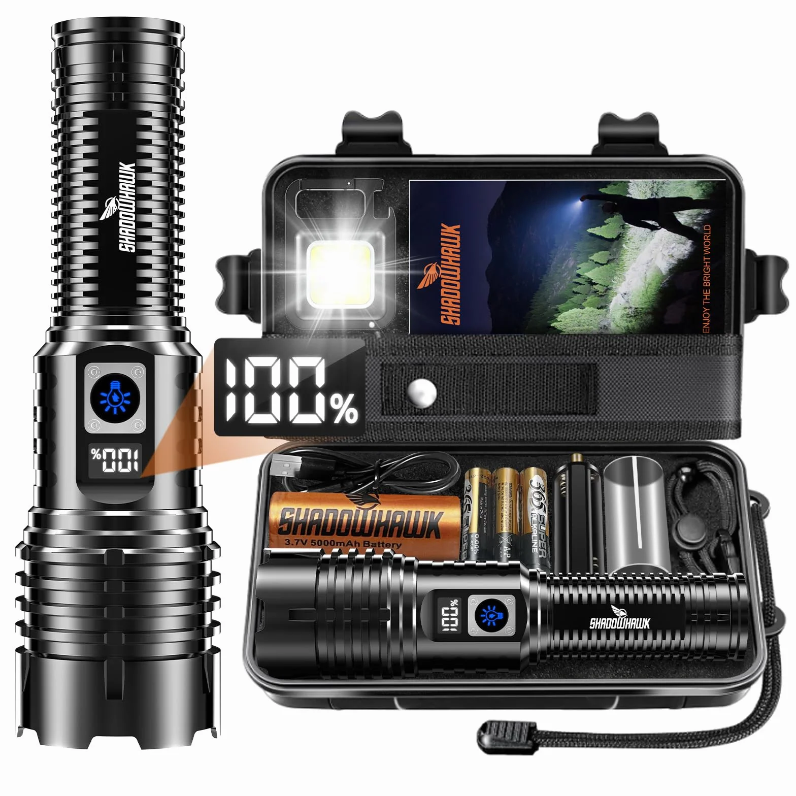 Shadowhawk Linterna LED Recargable 1.000.000 Lúmenes 1000m Largo Alcance para Caminatas | USB-C 12h Autonomía Pantalla LCD IP67 Impermeable,Tactica Flashlight para Camping/Emergencias/Regalo