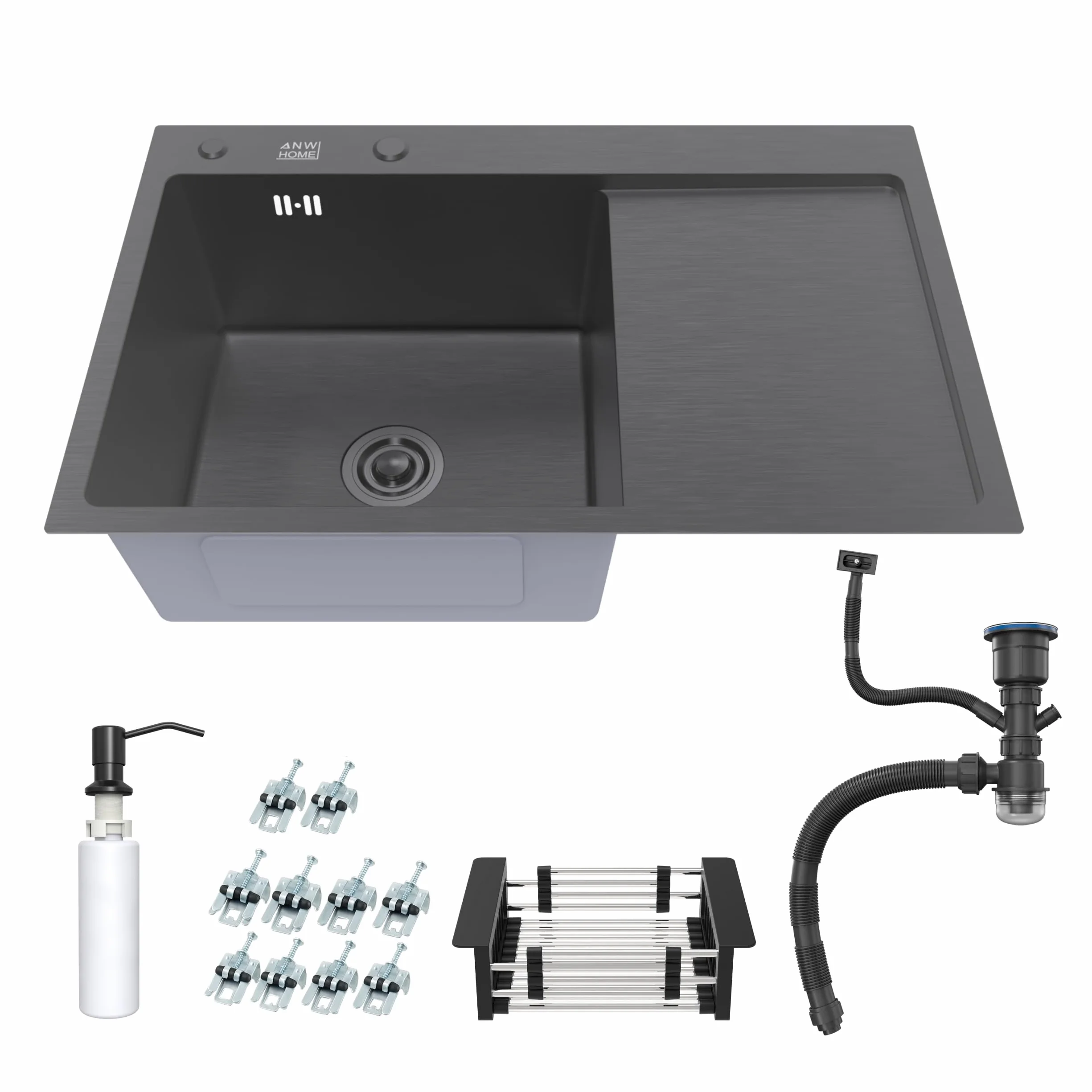 ANW HOME Fregadero Cocina 1 Seno Sobre Encimera con Escurridor, Acero Inoxidable 304, 78x50 cm, Grafito PVD, Acabado con Nano-Revestimiento, Grosor 3.0+1 mm, 22 cm, con Sifón, Dosificador y Cesta