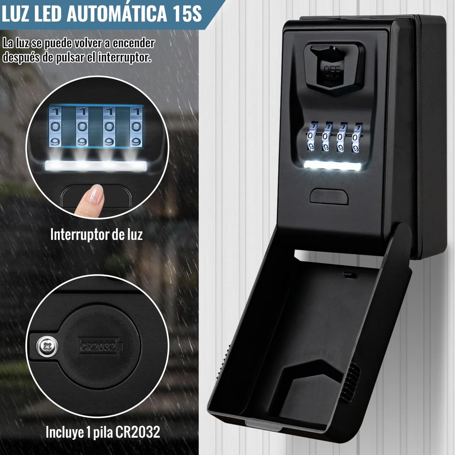 Caja de Seguridad para Llaves [Iluminada] Exterior Caja Fuerte para Llaves Impermeable Caja de Llave con Codigo 4 Dígitos Caja de Bloqueo para Llave para Hogar Garaje Escuela