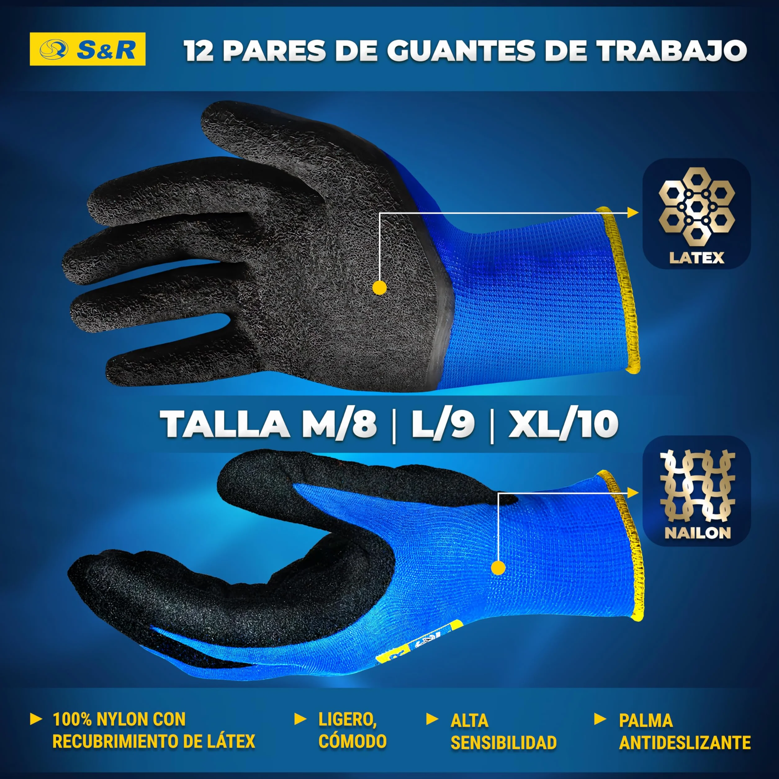 S&R Guantes de Trabajo Hombre Talla L 9 Nylon y Latex 12 Pares