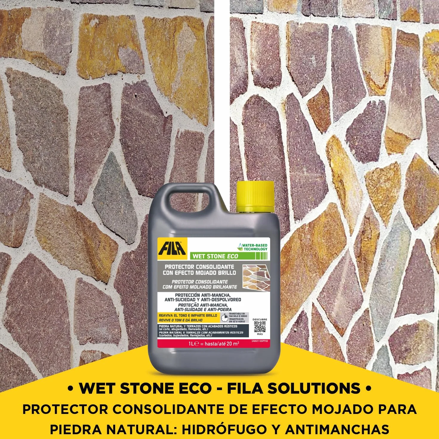 FILA Surface Care Solutions, WET STONE ECO, Protector de Piedras Naturales a Efecto Mojado, Hidrofugante Piedra, Repelente de Manchas y Suciedad,Suelos Interiores y Exteriores, Base Acuosa, 1L