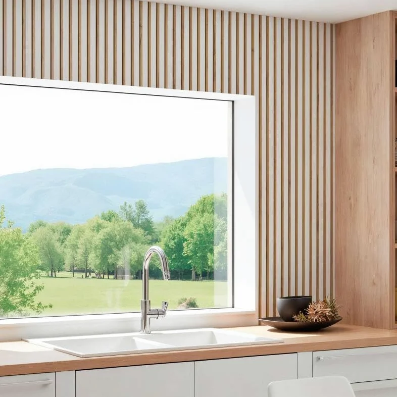 DECOON – Panel de pared listones de madera rígida 250 x 30 x 1,4 cm, decoración blanca y fondo de roble, revestimiento decorativo 3D para paredes interiores, fácil de colocar, efecto alivio moderno