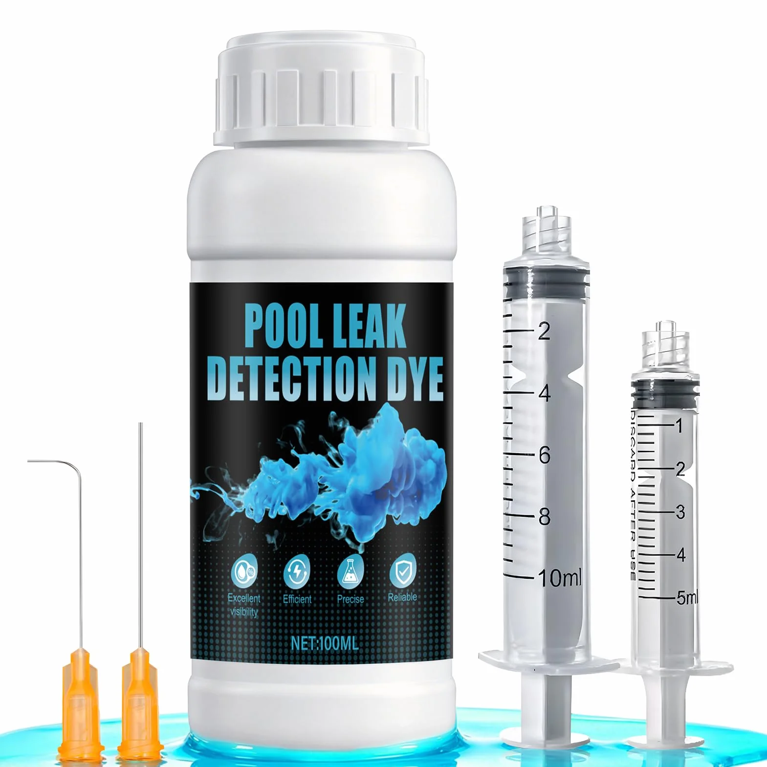 Tinta Fuga Piscina, Detector Fugas Piscina, Detección Universal de Filtraciones para Piscinas,Spas,Tuberías,Techos y Aire Acondicionado Coche,Fuerte Fluorescencia Colorante Trazador,100ml+Jeringa