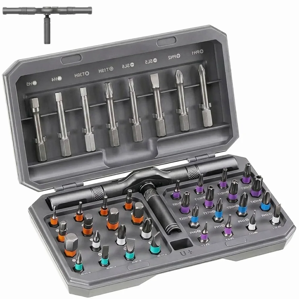 Juego de destornilladores de carraca 42 en 1, destornillador magnético de precisión con 40 puntas S2, mango en T modular y 3 mangos combinados, juego de herramientas de carraca mini con caja para