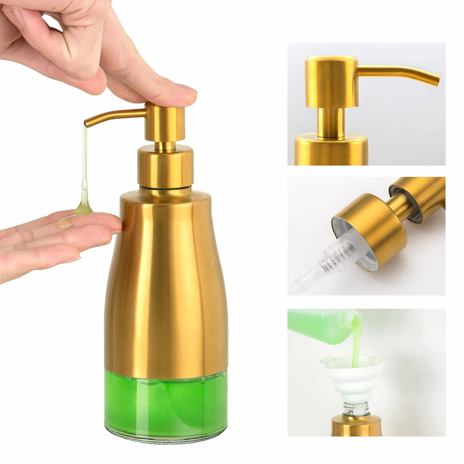 Gaussra Dispensador de jabón con posavasos y calcomanías, dispensador de bomba de mano de vidrio de acero inoxidable dorado cepillado, botella antioxidante, para botella de detergente de cocina y baño