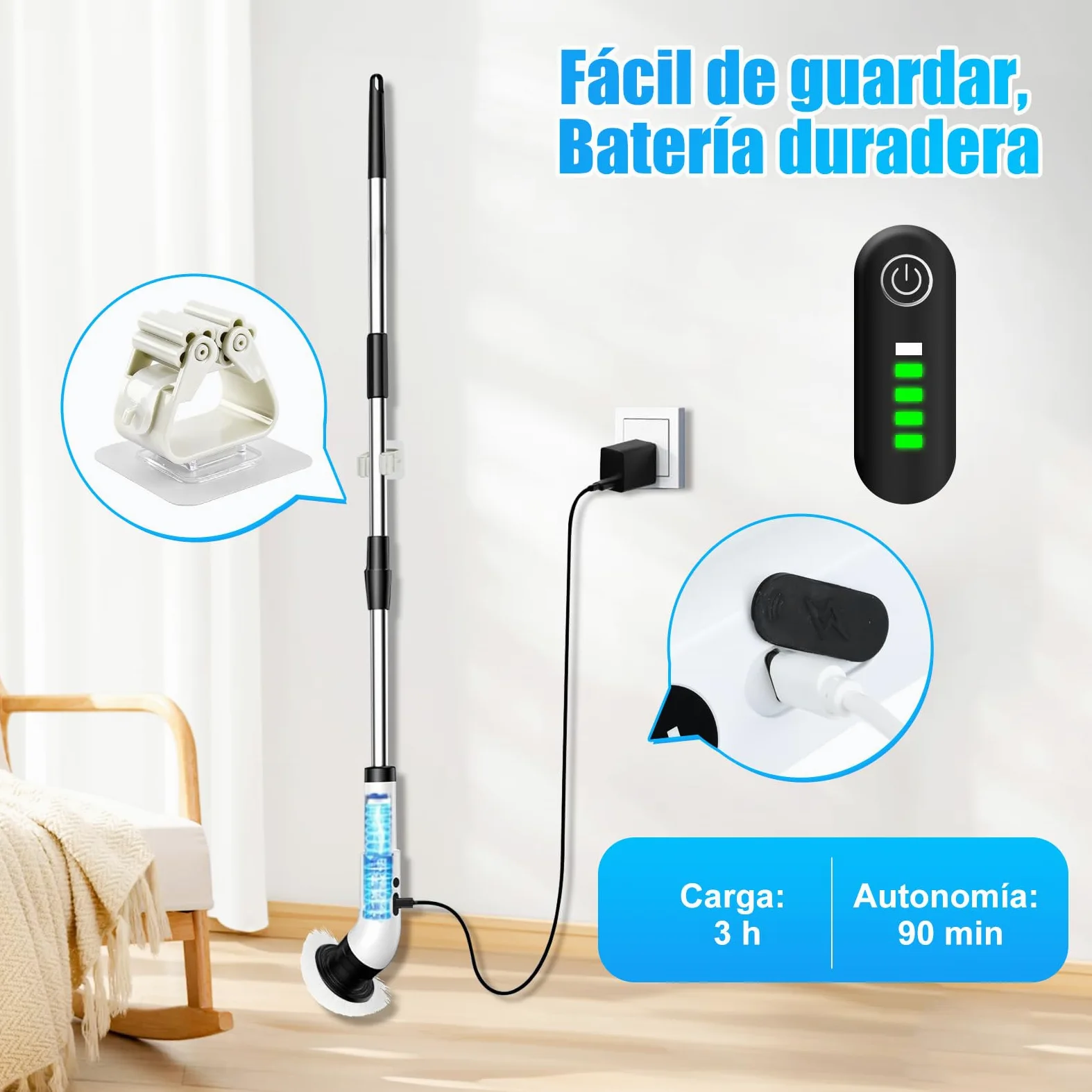PATEMZON Cepillo Electrico Limpieza Hogar, Cepillo Limpieza Electrico-IPX7 con 9 Cabezales Reemplazables, Dos Velocidades Regulables y Mango Telescópico, para Baño, Cocina, Coche, Azulejos