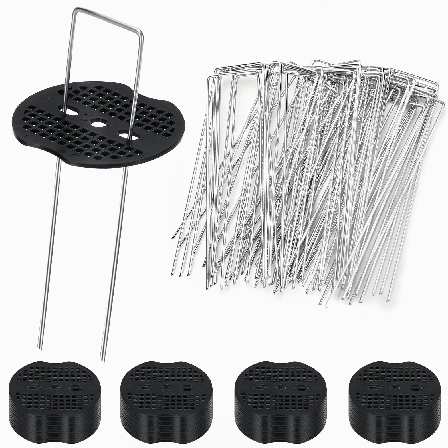 50 Grapas de Jardín con 50 Arandelas, Grapas Césped Artificial, Grapas de Sujeción, Clavos de Acero Inoxidable Galvanizados, para Malla Antihierbas Valla, 150x40mm Ø2.5mm