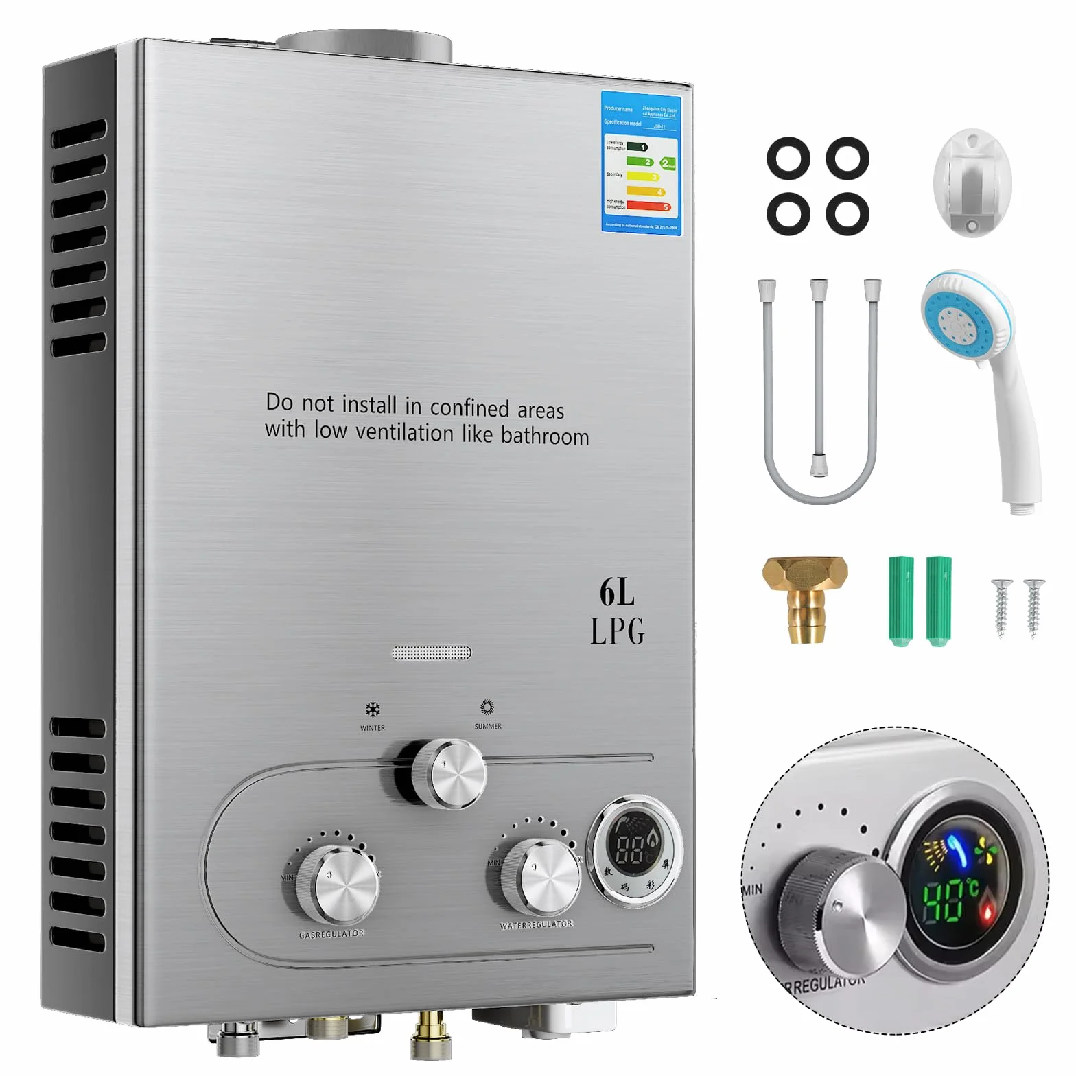 Calentador de agua a gas propano GPL 6L 16kw, modo invierno-verano, instantáneo sin depósito, kit ducha para camping RV casa