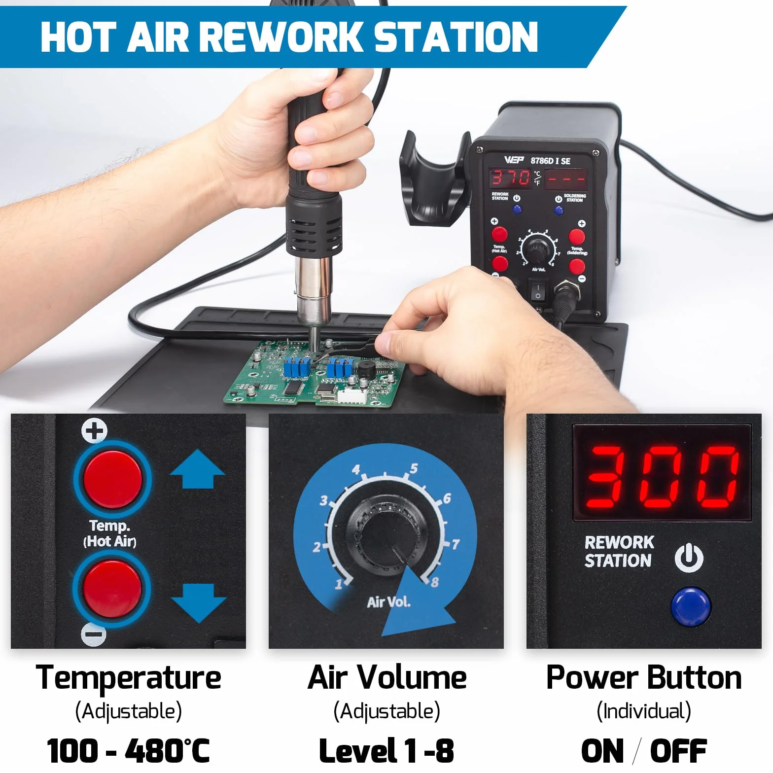 WEP 8786D-I SE Kit estación de soldadura con aire caliente 2-en-1para reparación desoldado con hilo de soldadura sin plomo 5 puntas de soldadura 3 boquillas de aire caliente bomba desoldadora(EU Plug)