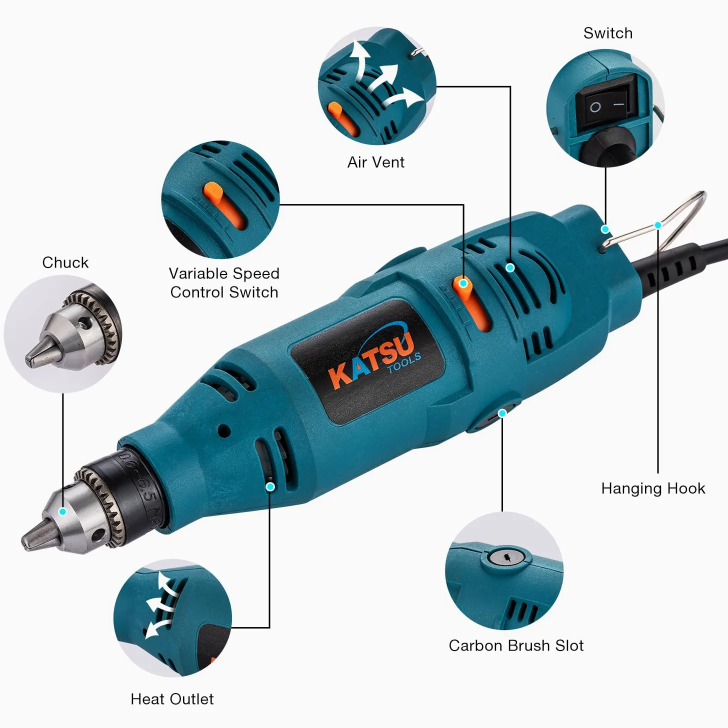 KATSU Tools Mini amoladora eléctrica de 130 W, herramienta rotativa de mano con velocidad variable y mandril de 6 mm para pulir, grabar, tallar y hacer manualidades