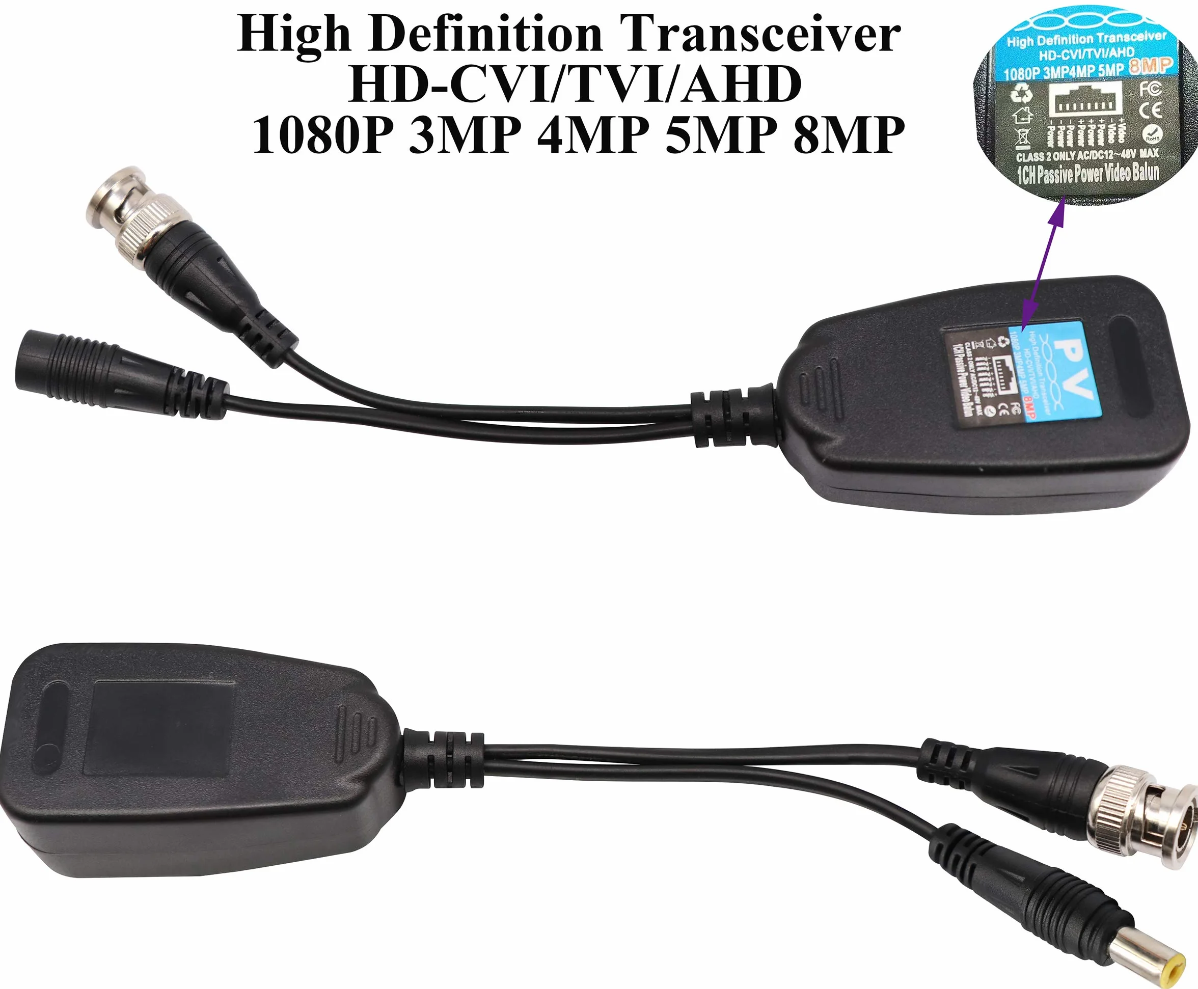 Balun HD BNC a RJ45 Video Transceptor Pasivo HD-CVI/TVI/AHD/CVBS con Conector de Alimentación para 1080P 3MP 4MP 5MP 8MP CCTV Seguridad DVR Sistema de Cámara Vigilancia(4 Pares-19CM)