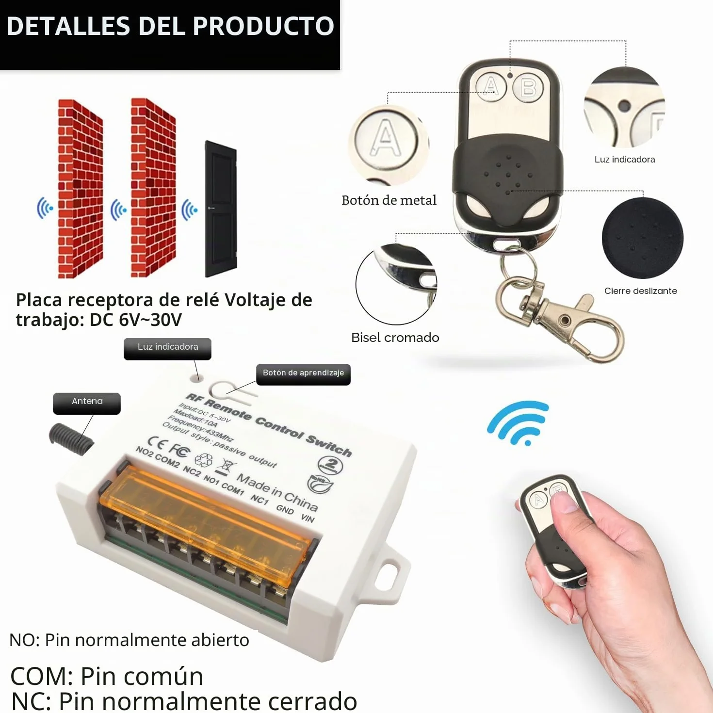 DieseRC Interruptor de mando a distancia de Relé Inalámbrico de 2 Canales 433MHz RF DC 5V 12V 24V 30V 10A Receptor de relé con 2 Control Remoto Transmisores, Terminal Grande Cableado Fácil