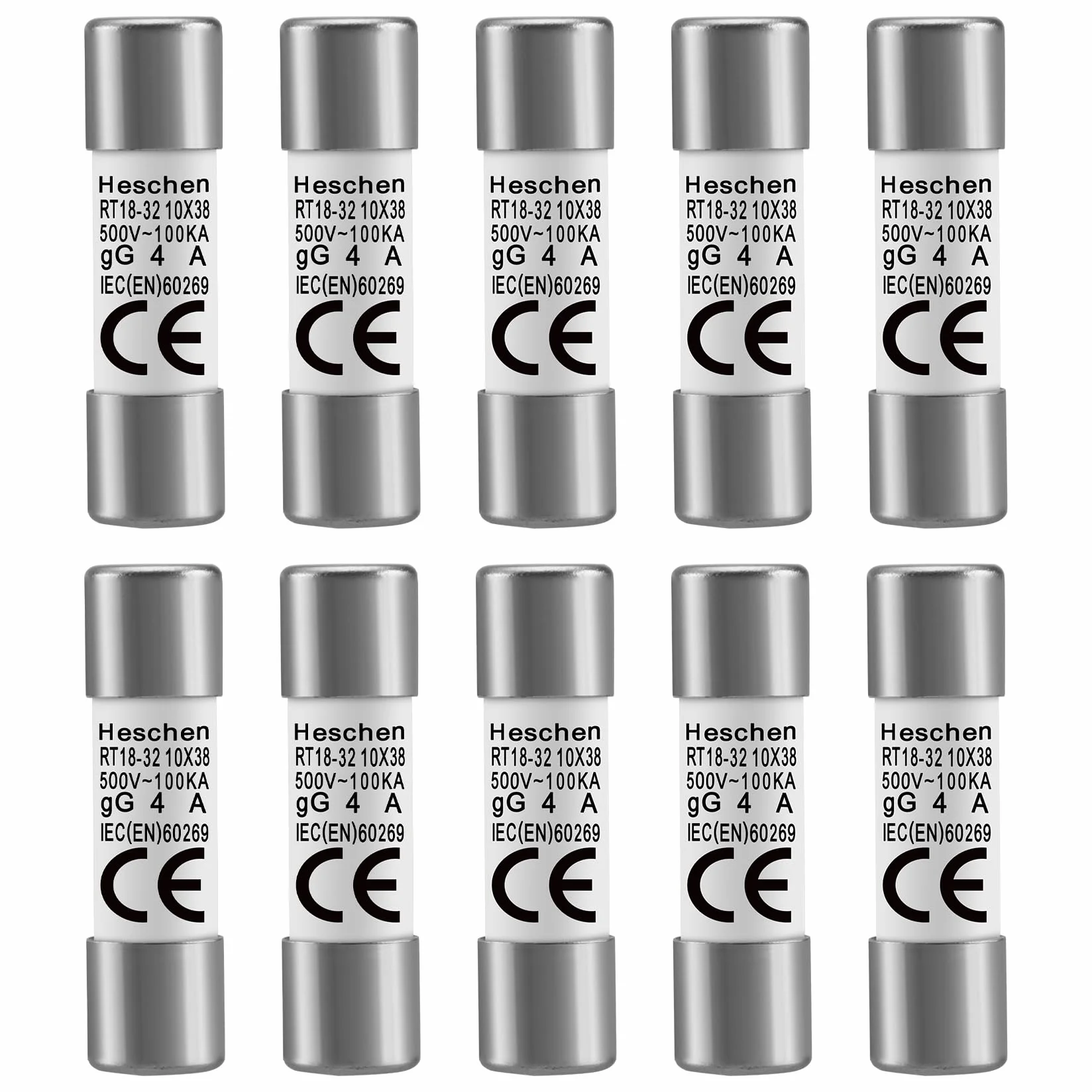 Heschen RT18-32 (RO15) Tubo cilíndrico de cerámica de enlace de fusible, 10x38 mm, 4A 500V, Pack de 10