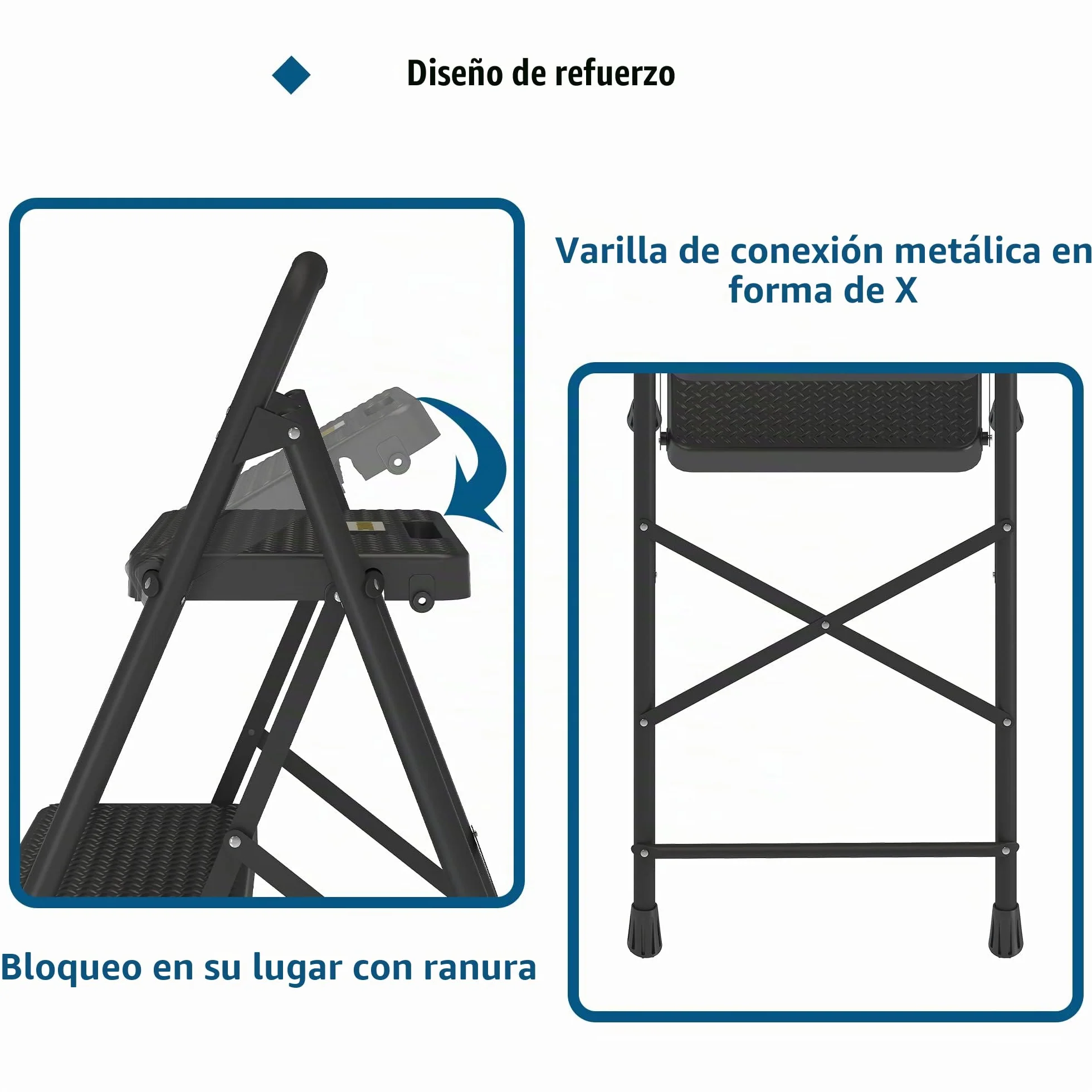 BONTEC Escaleras Plegables de 3 Escalones, Capacidad de 150KG con Pedales Antideslizantes Anchos, Taburete Escaleras de Mano de Acero, Manubrio de Esponja, Uso en Interiores y Exteriores, Negro