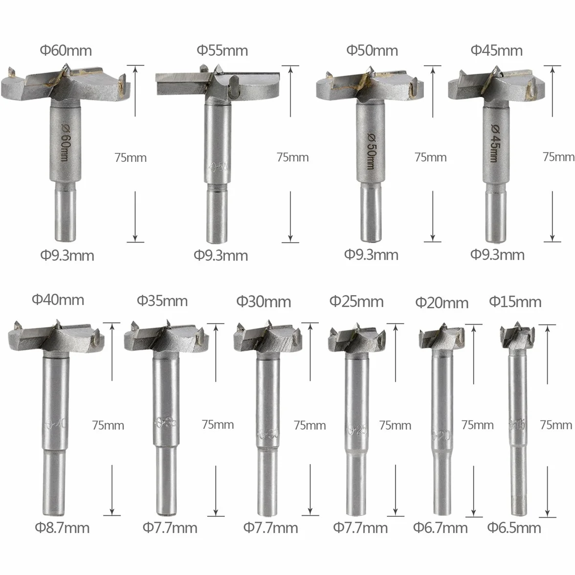 LAOYE 10 Piezas Brocas Forstner en Aleación para Madera, Broca Fresadora Diámetros 15/20/ 25/30/ 35/40/ 45/50/ 55/60 mm para Taladro de Madera Acero al Tungsteno hole Saw Cortador Herramientas