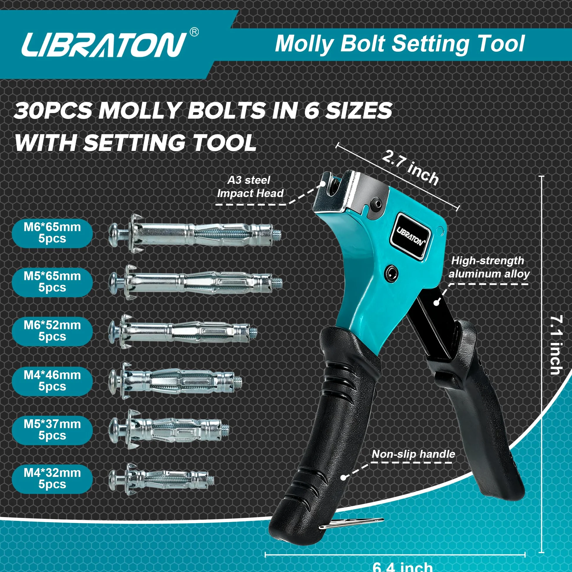 LIBRATON Molly Bolts para paredes de pladur y escayola (0,30 cm - 3,86 cm), 30 piezas en 6 tamaños con herramienta de ajuste, kit resistente de tornillos y anclajes de metal para pared hueca, soporta