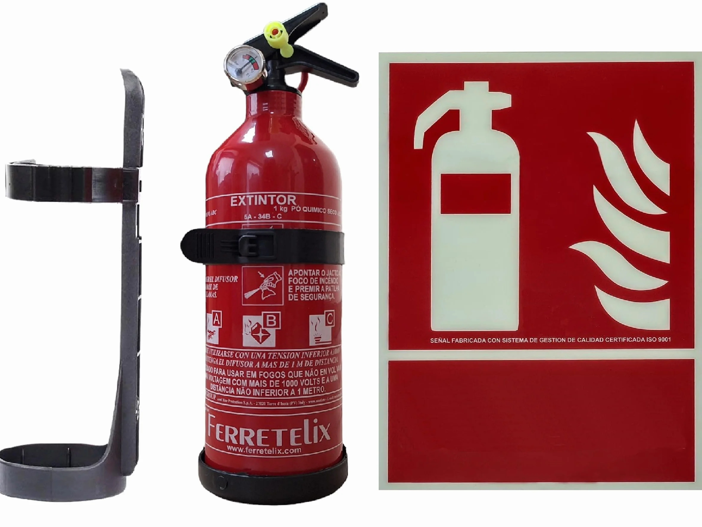 FERRETELIX® Extintor de 1 kg ABC + Cartel Fotoluminiscente 31x20 cm Homologado + Soporte de Montaje – FABRICADO EN 2026 Para Coche, Hogar, Oficina, Caravana, Barco o Barbacoa