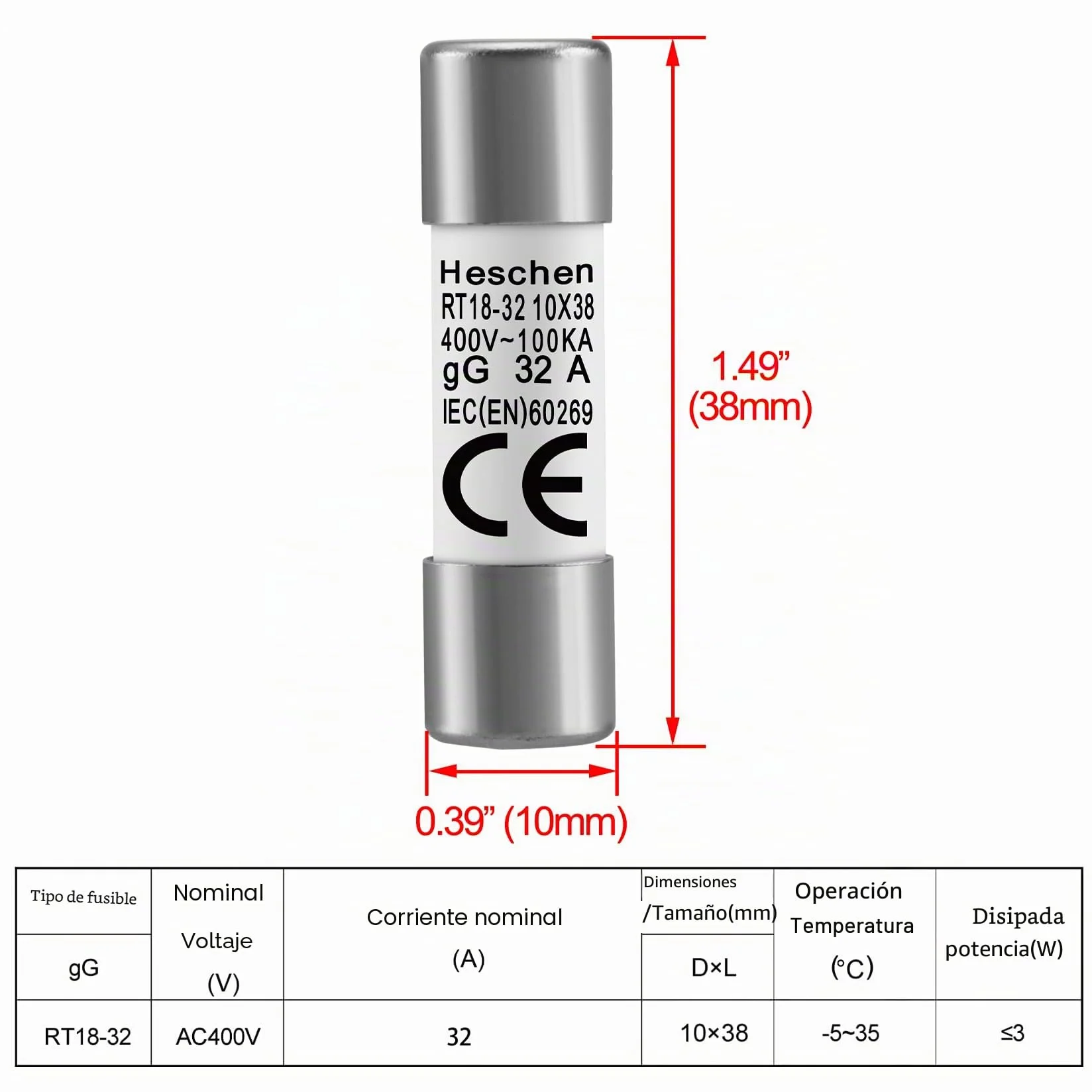 Fusible cilíndrico de cerámica RT18-32 (RO15) 10 x 38 mm 32A 400V CE paquete 10 unidades