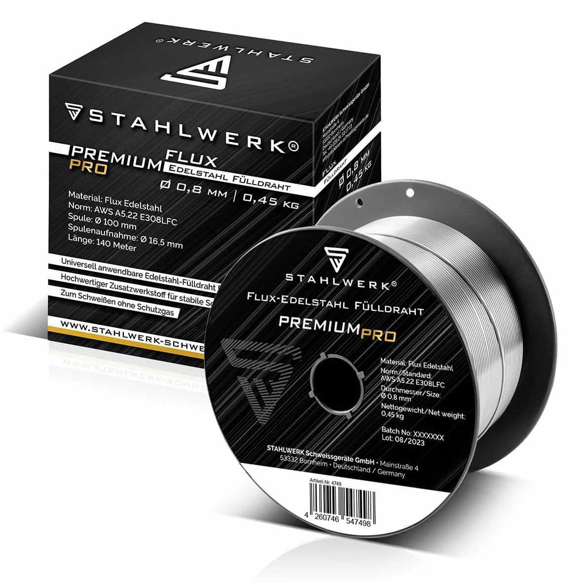 STAHLWERK FLUX alambre tubular de acero inoxidable - E308LFC 0,8 mm, 0,45 kg bobina de alambre D100, bobina de alambre para mandril de 16 mm, alambre de relleno, alambre de soldadura universal