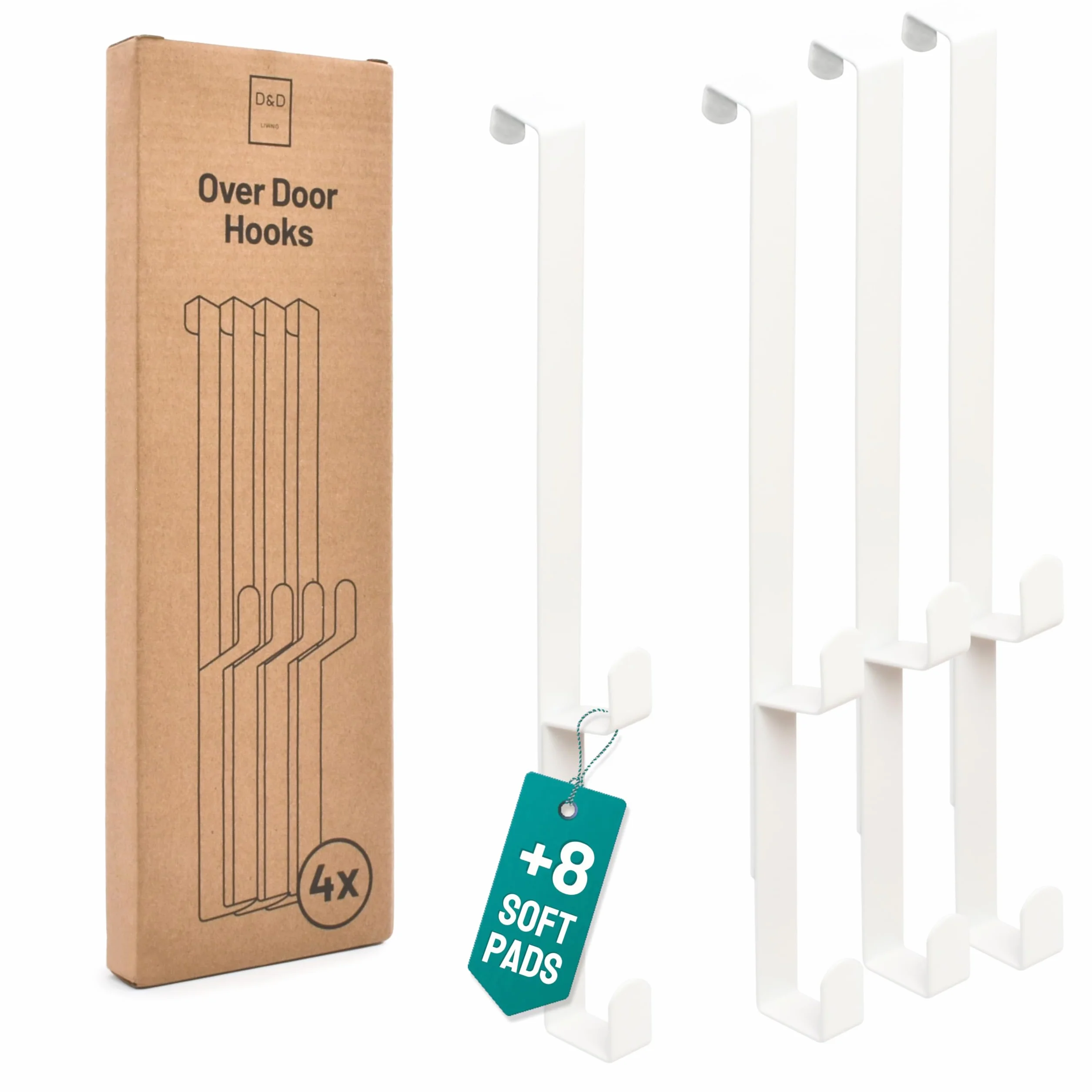 D&D Living® Ganchos para Puertas hasta 16 mm | 4x Ganchos Dobles para Perchero de Puerta | Gancho para Ropa para Puerta y Armario (Blanco)